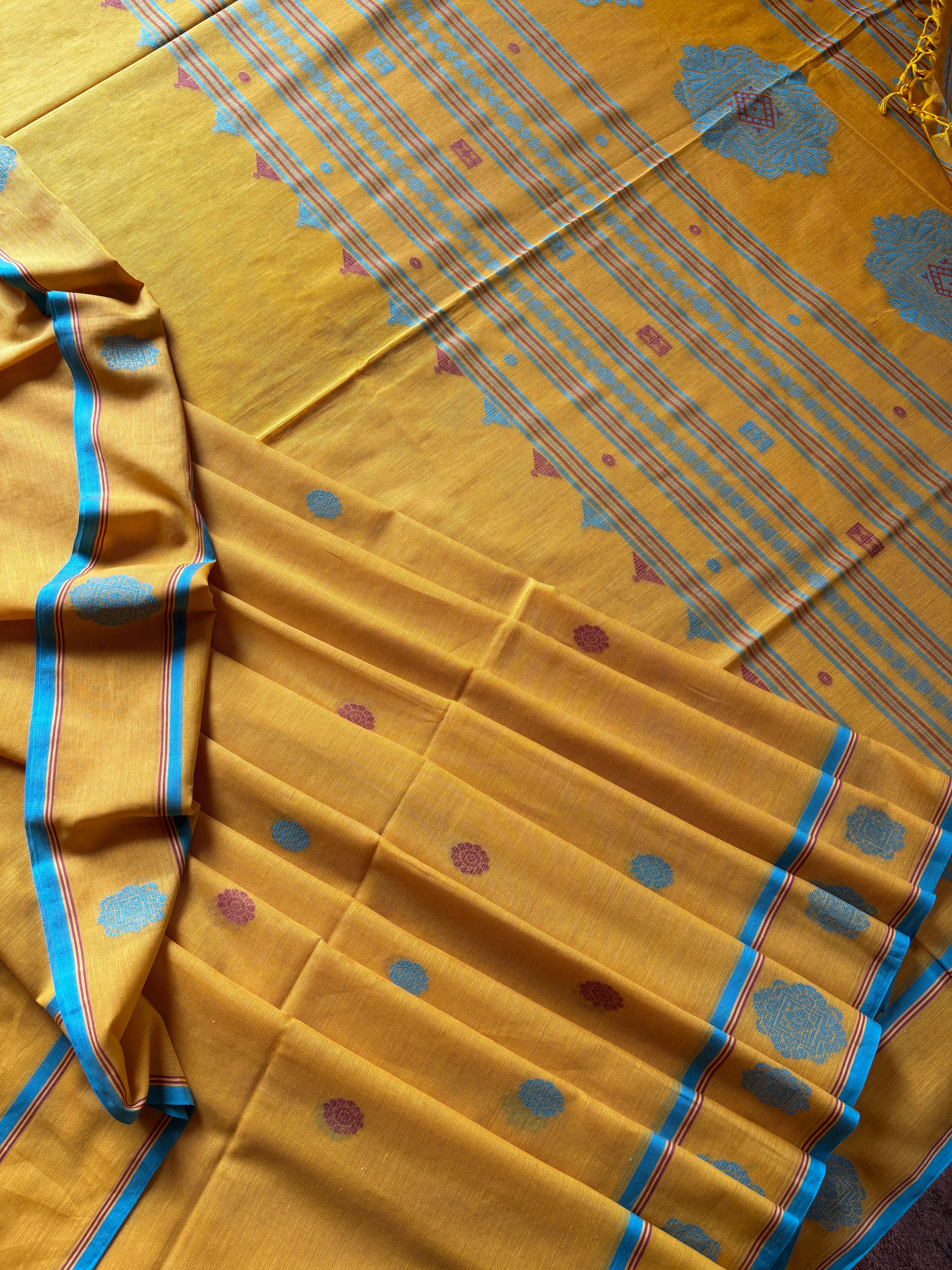 Handwoven Mustard Yellow Colour Cotton Jamdani Saree