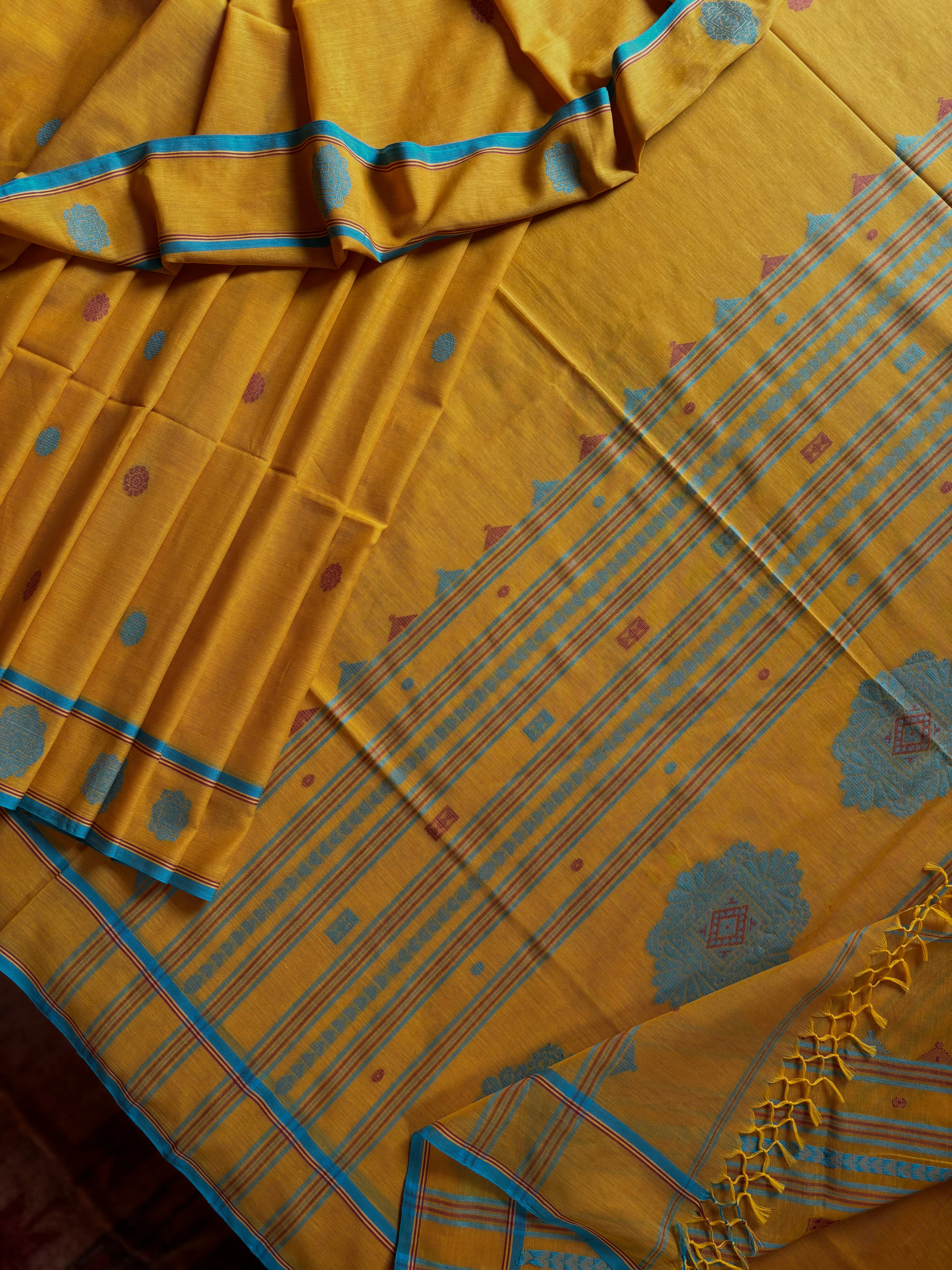 Handwoven Mustard Yellow Colour Cotton Jamdani Saree