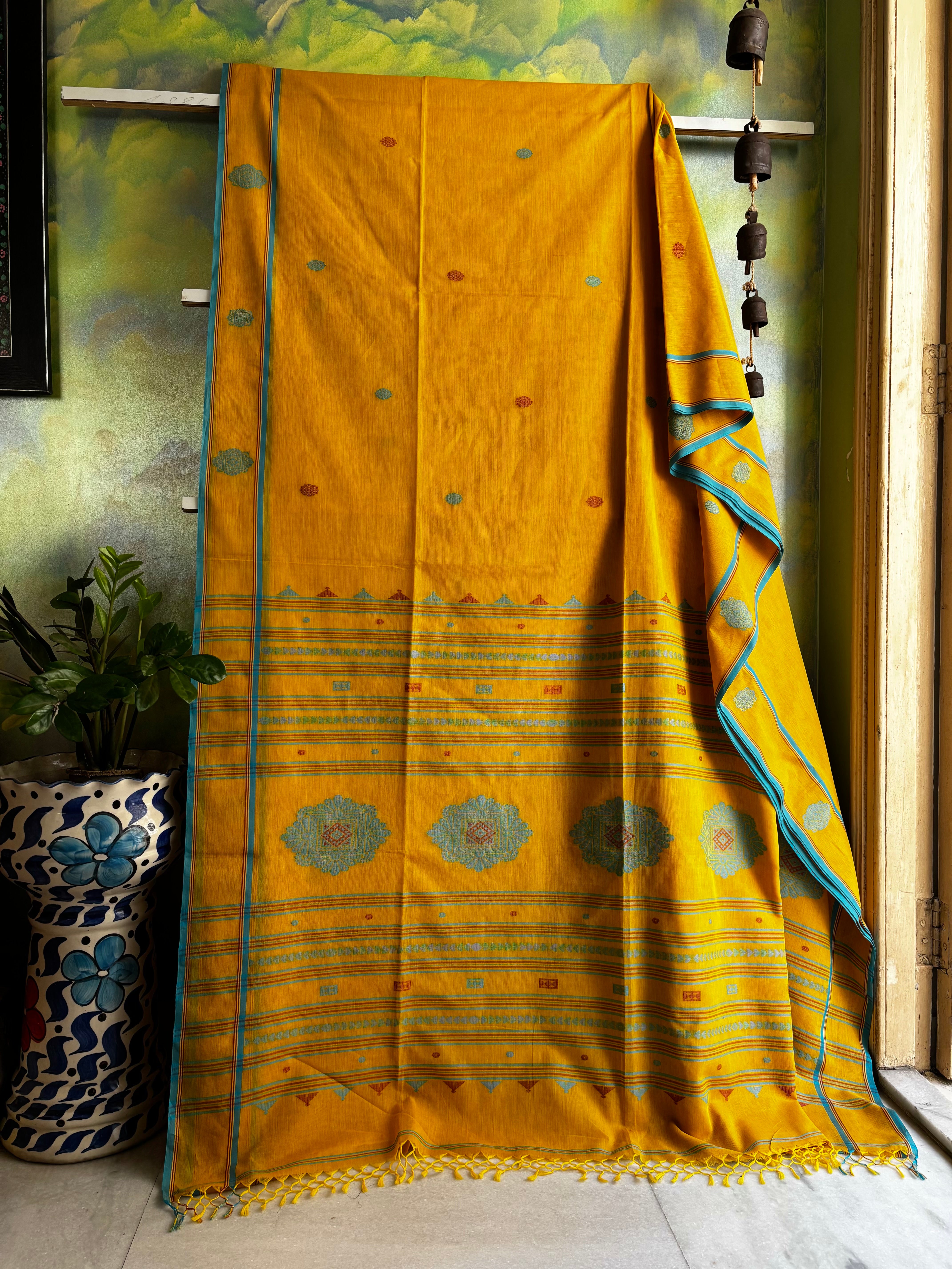 Handwoven Mustard Yellow Colour Cotton Jamdani Saree