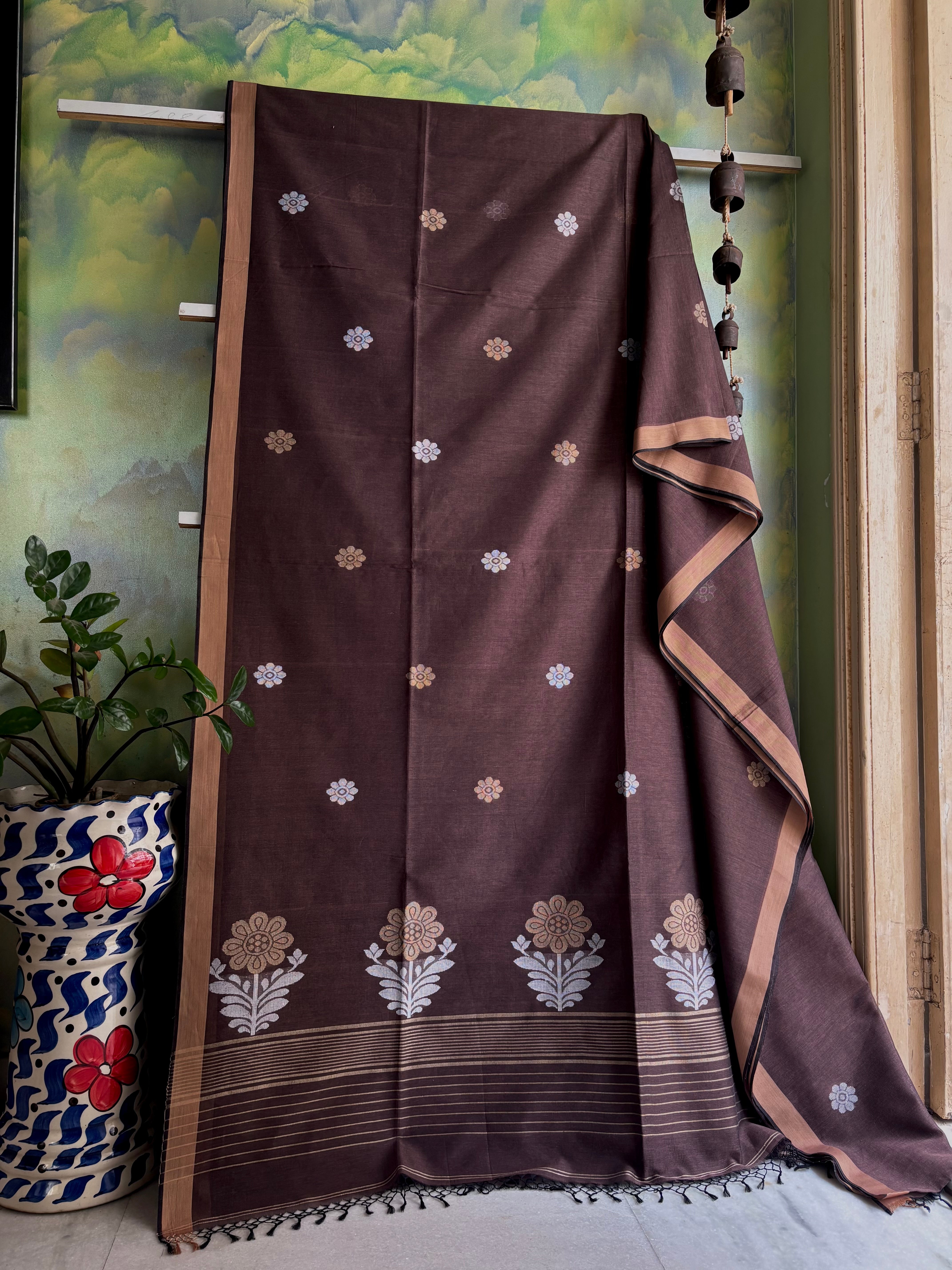 Handwoven Light Brown Cotton Jamdani Saree