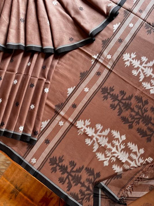 Handwoven Cinnamon Colour Cotton Jamdani Saree