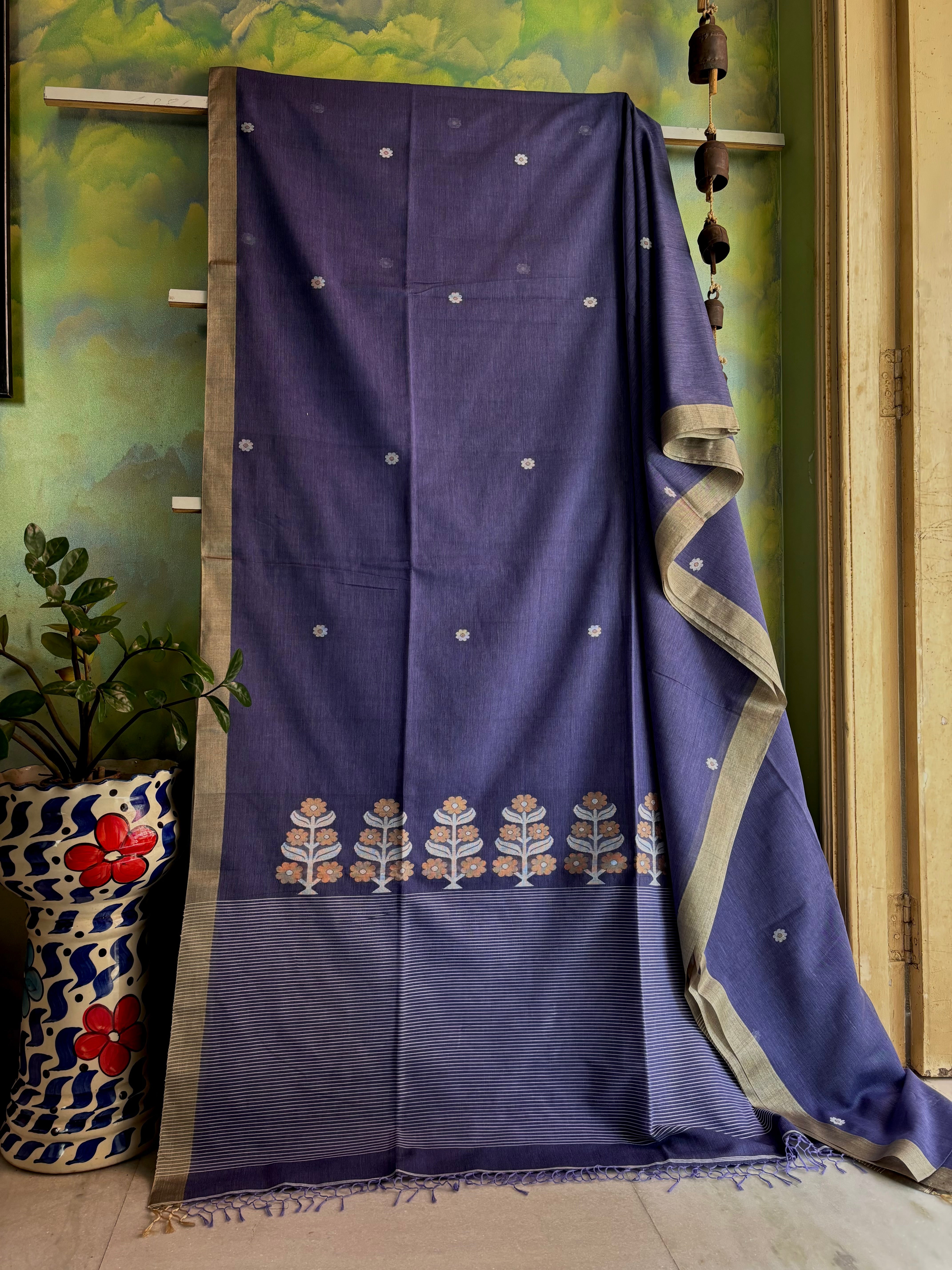 Handwoven Blue Lavender Dual Toned Cotton Jamdani Saree