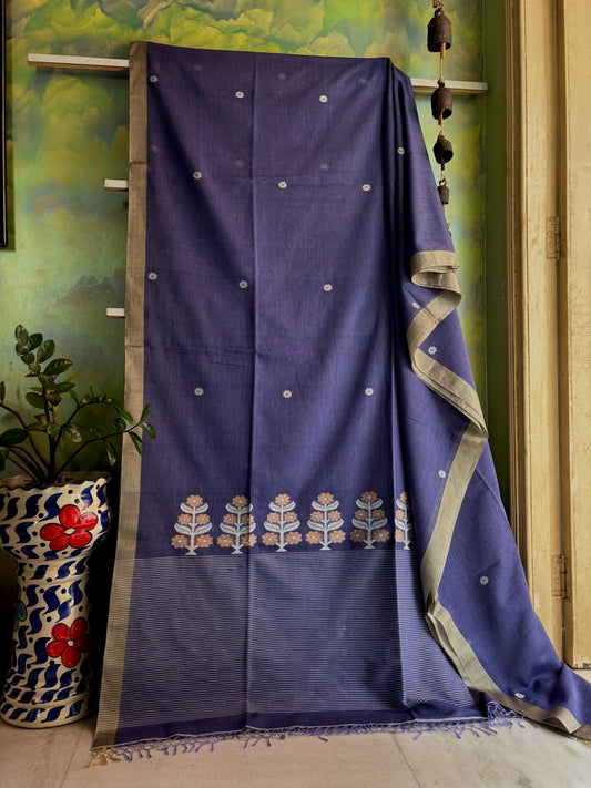 Handwoven Blue Lavender Dual Toned Cotton Jamdani Saree