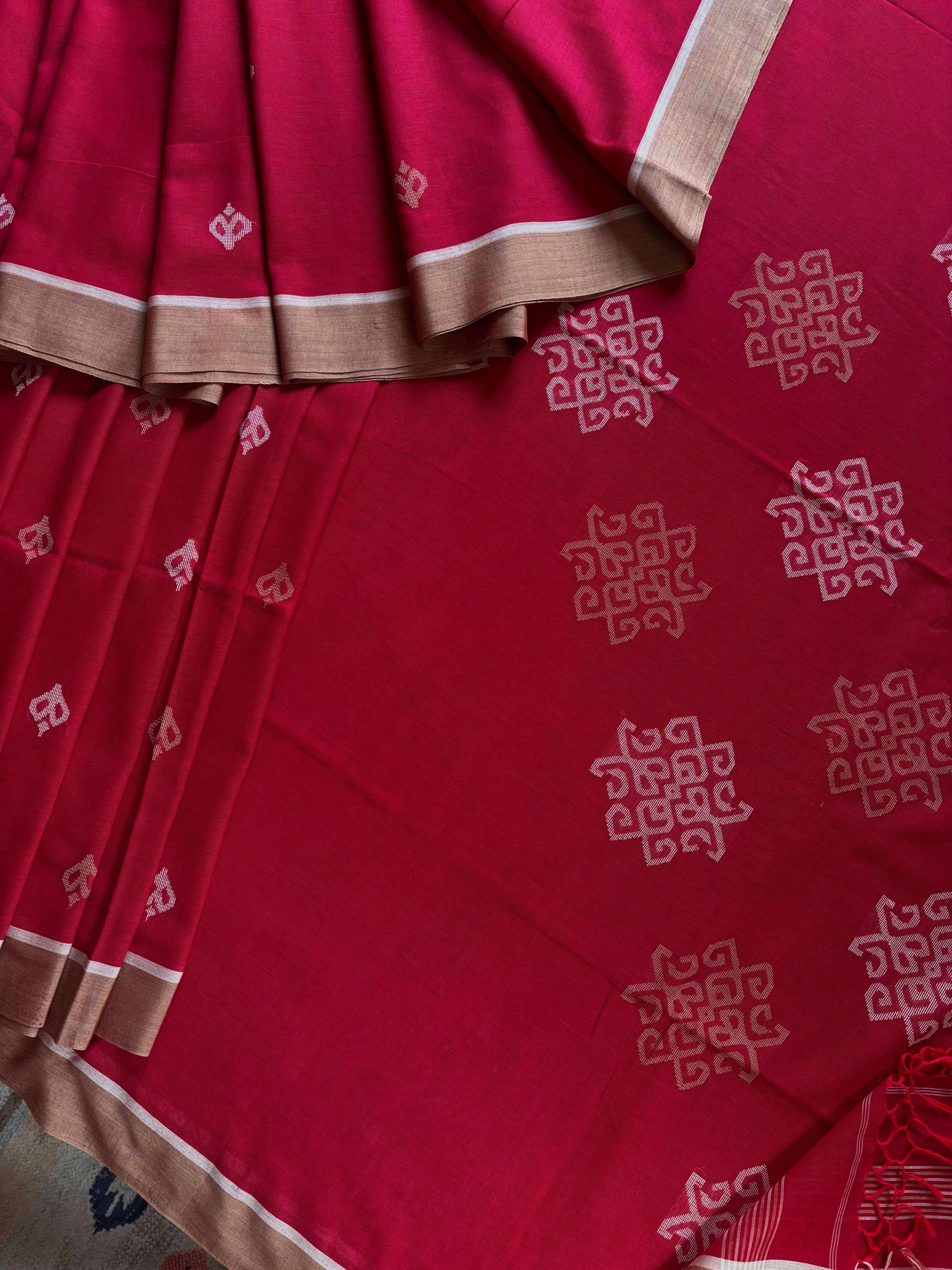 Handwoven Dark Sindur Red Jamdani Cotton Saree