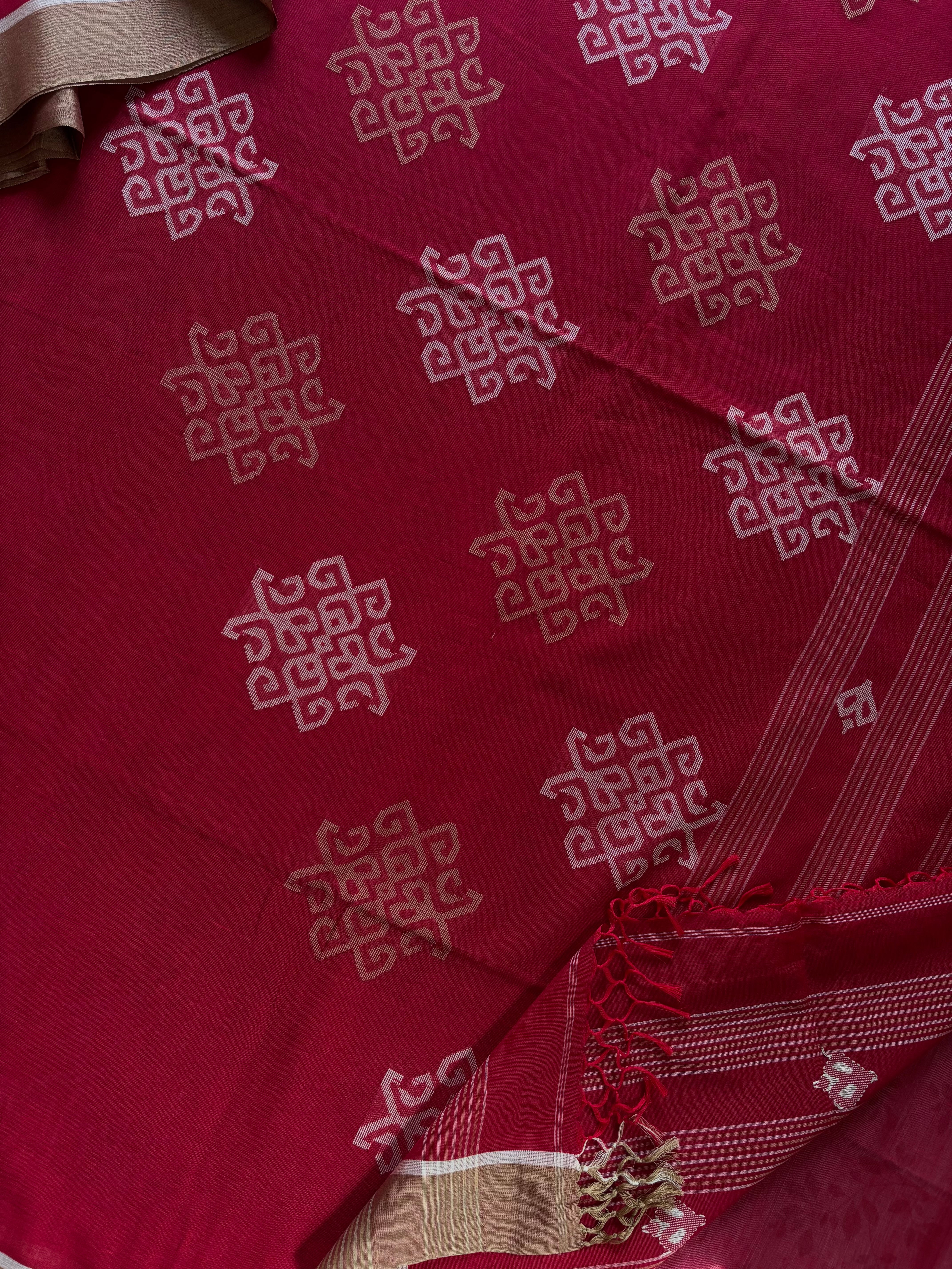 Handwoven Dark Sindur Red Jamdani Cotton Saree