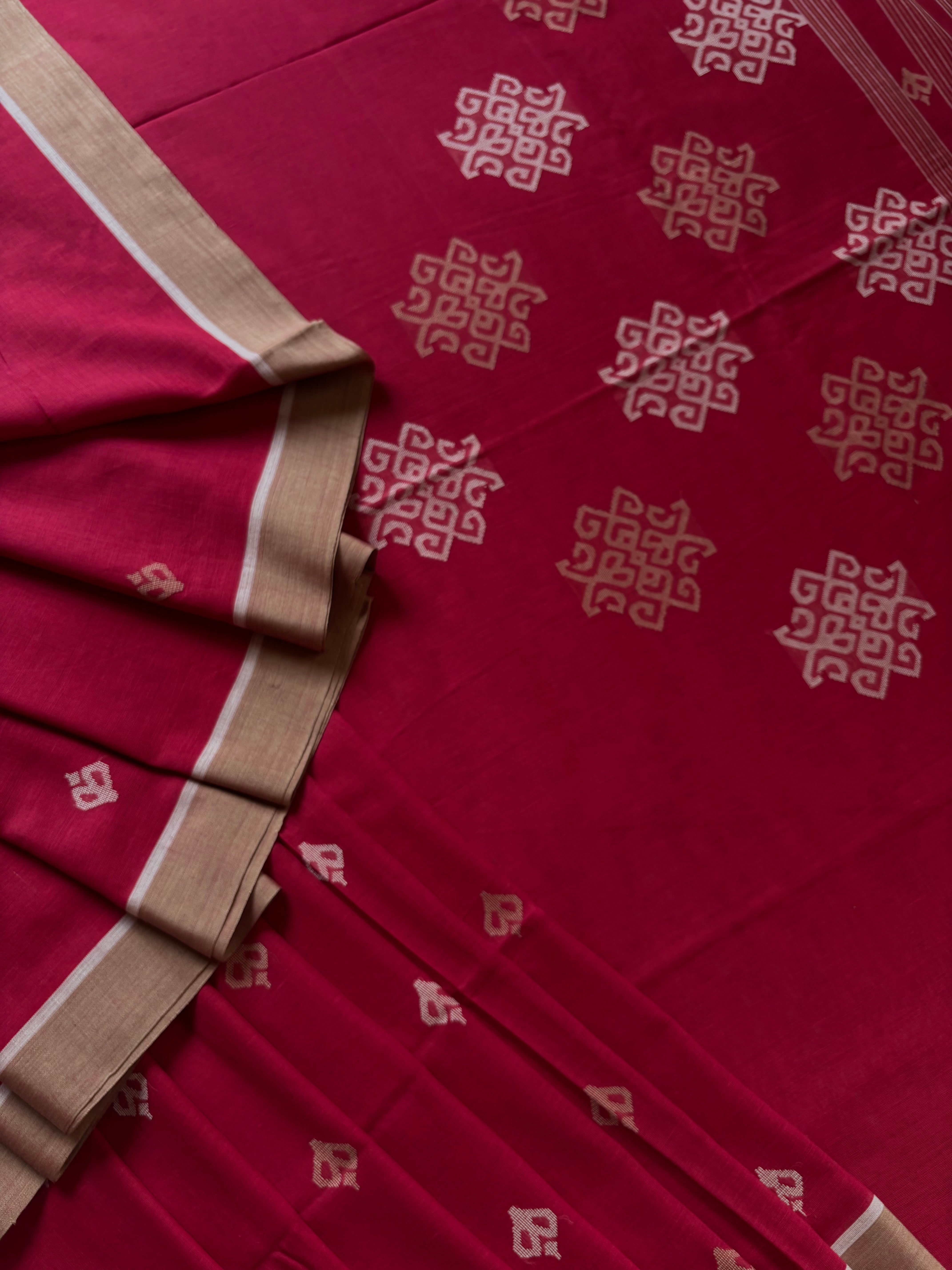Handwoven Dark Sindur Red Jamdani Cotton Saree