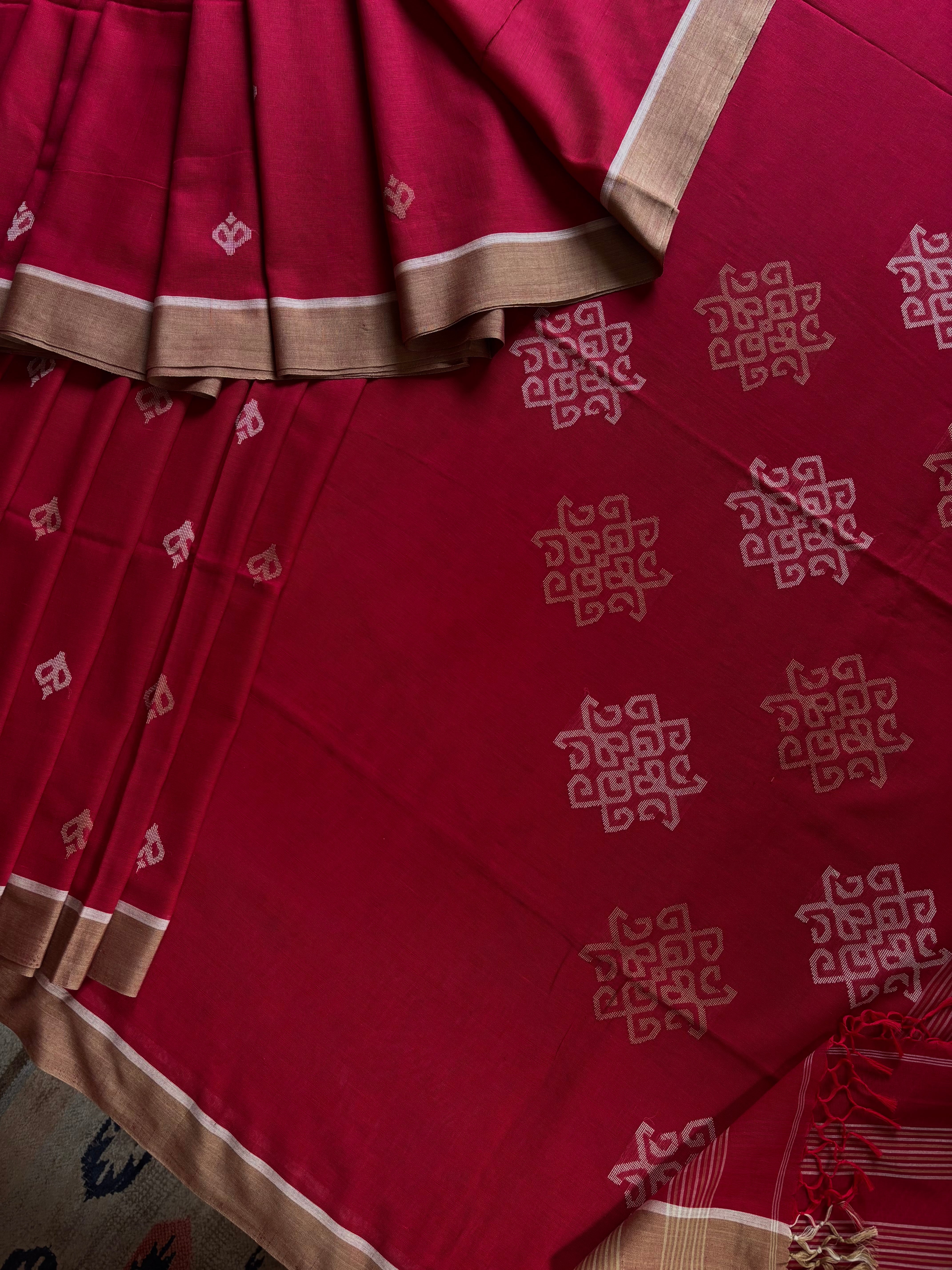 Handwoven Dark Sindur Red Jamdani Cotton Saree