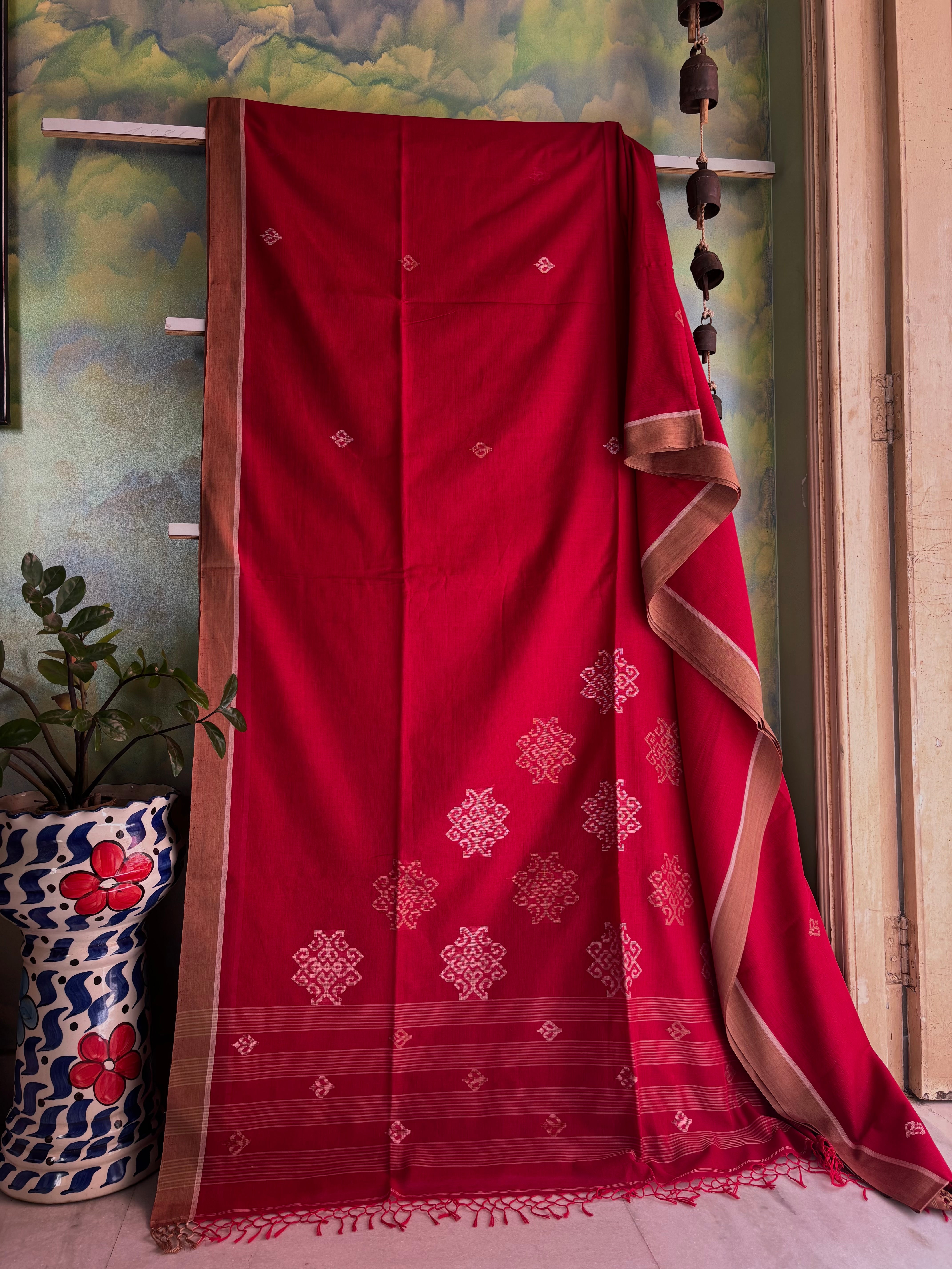 Handwoven Dark Sindur Red Jamdani Cotton Saree
