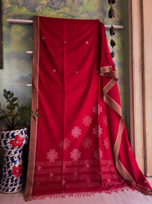 Handwoven Dark Sindur Red Jamdani Cotton Saree