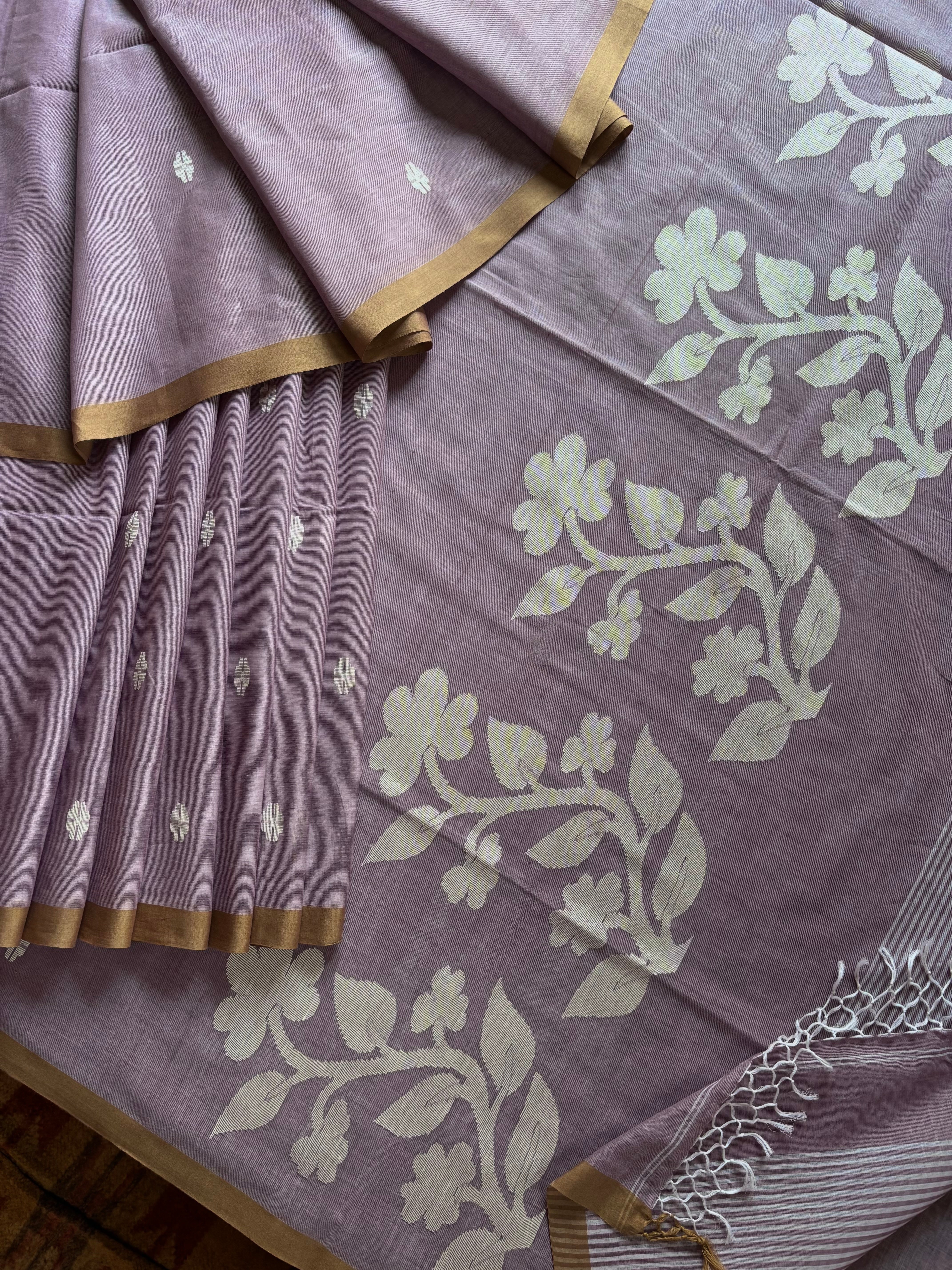 Handwoven Dusty Lavender Cotton Jamdani Saree