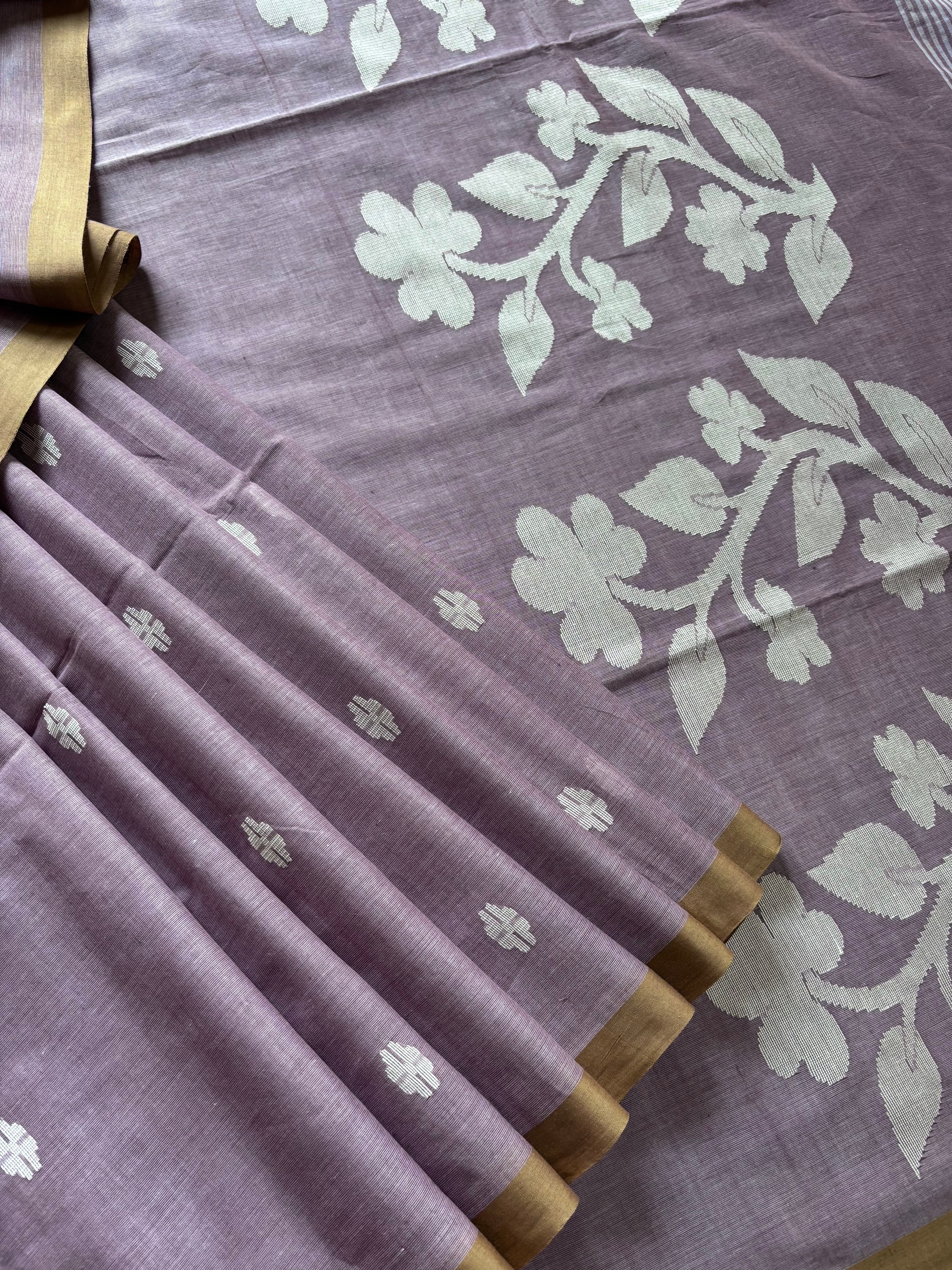 Handwoven Dusty Lavender Cotton Jamdani Saree