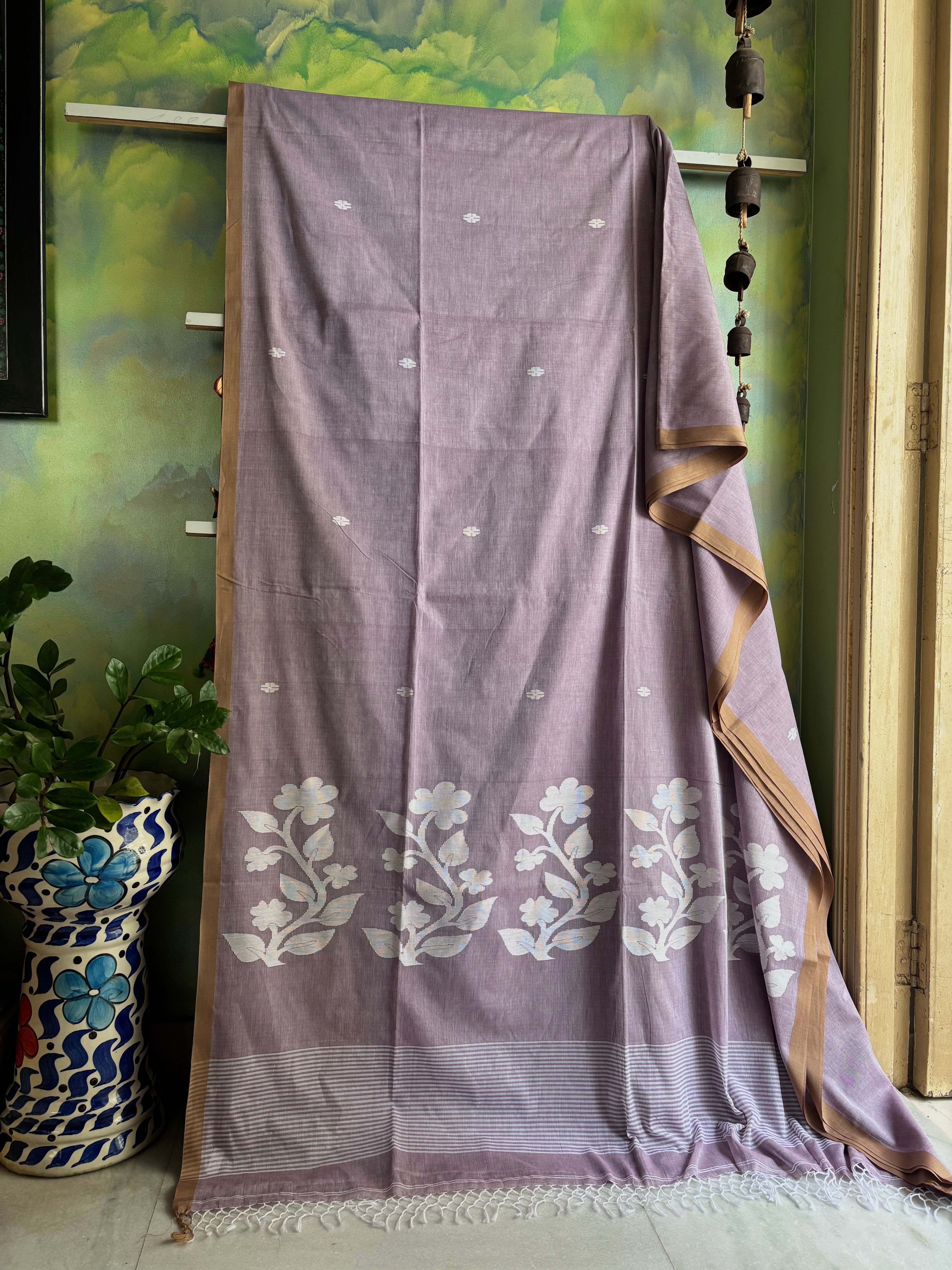 Handwoven Dusty Lavender Cotton Jamdani Saree
