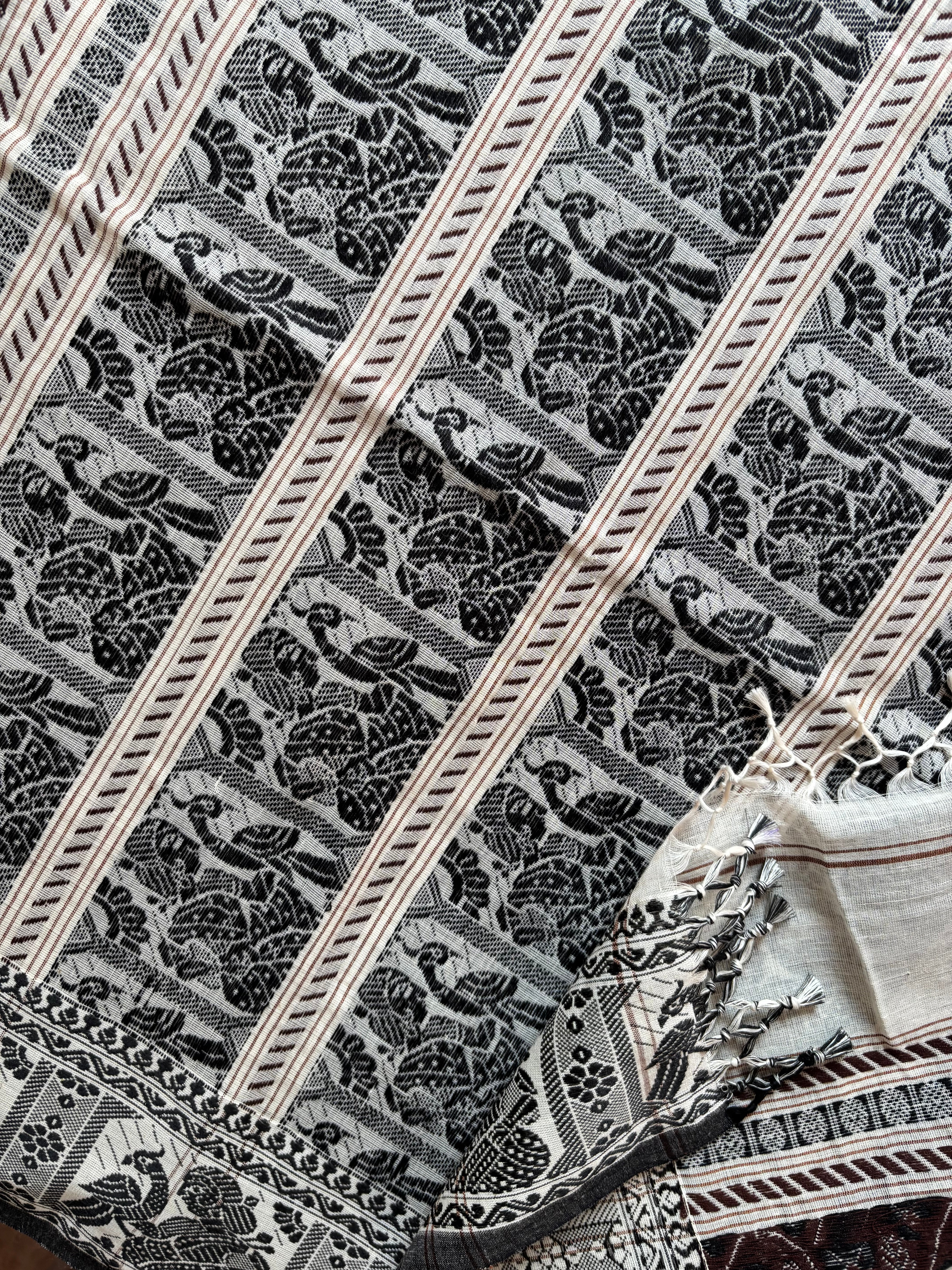 Handwoven Offwhite Brown Black Cotton Baluchari Saree