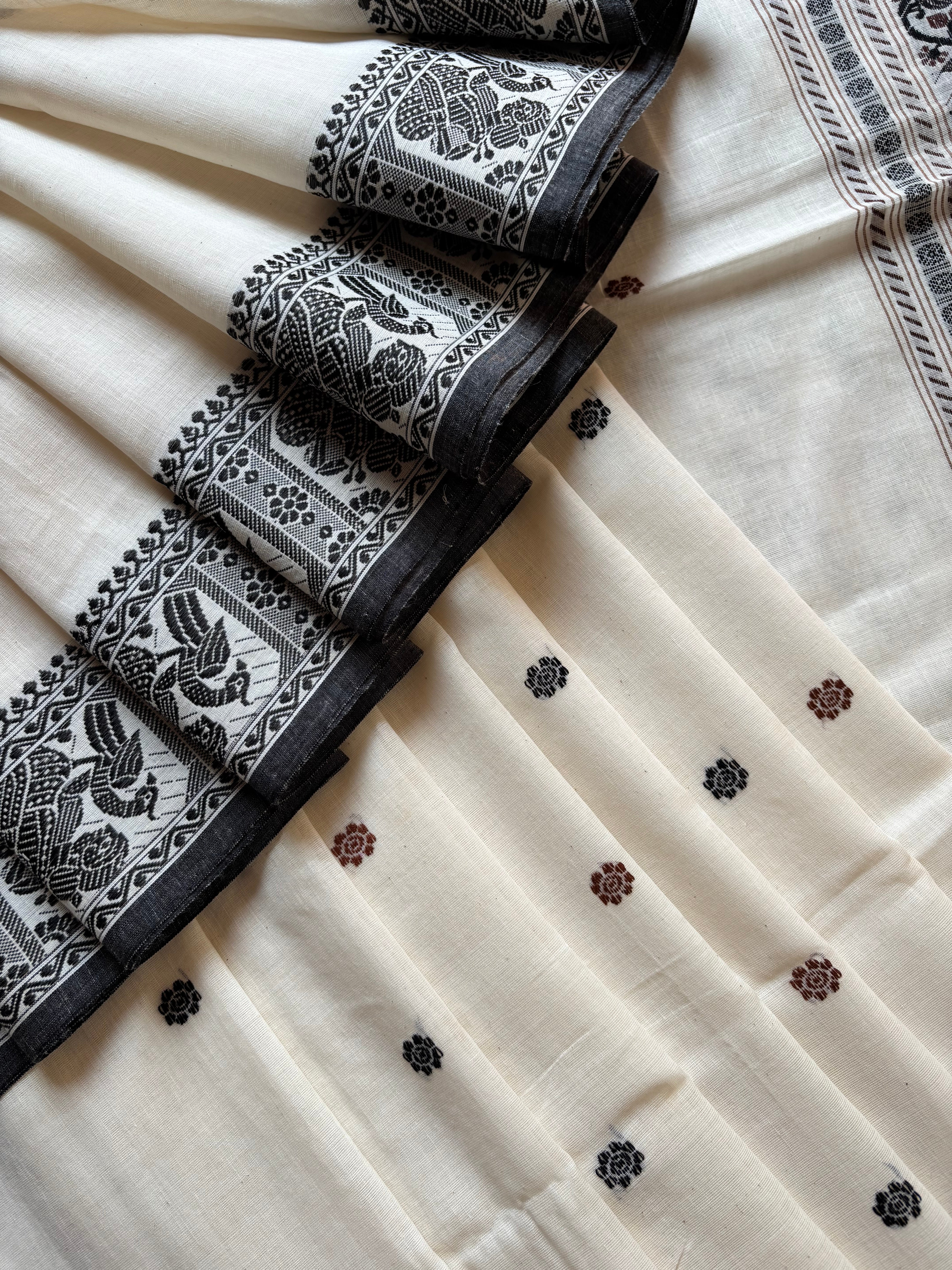 Handwoven Offwhite Brown Black Cotton Baluchari Saree