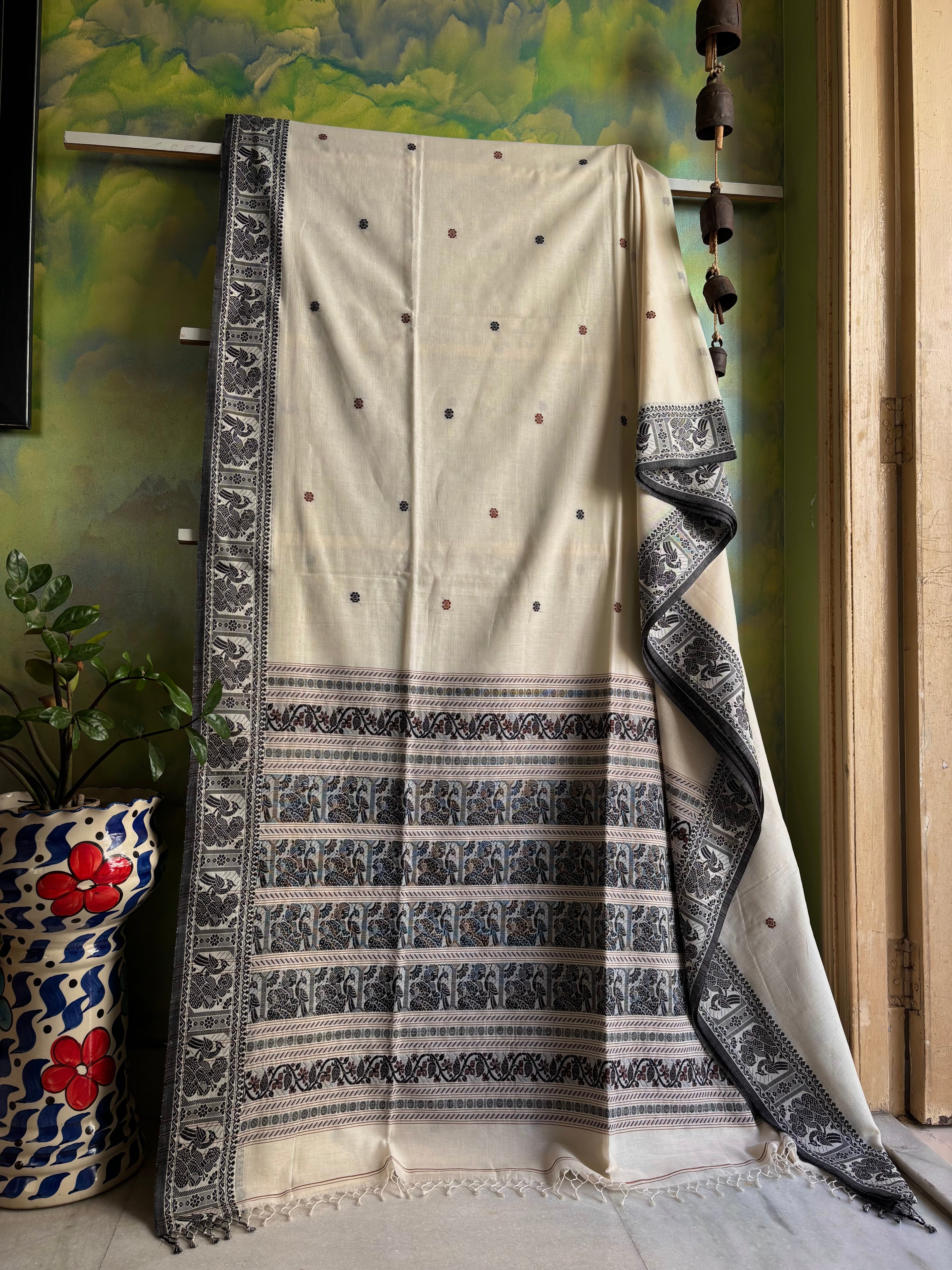 Handwoven Offwhite Brown Black Cotton Baluchari Saree
