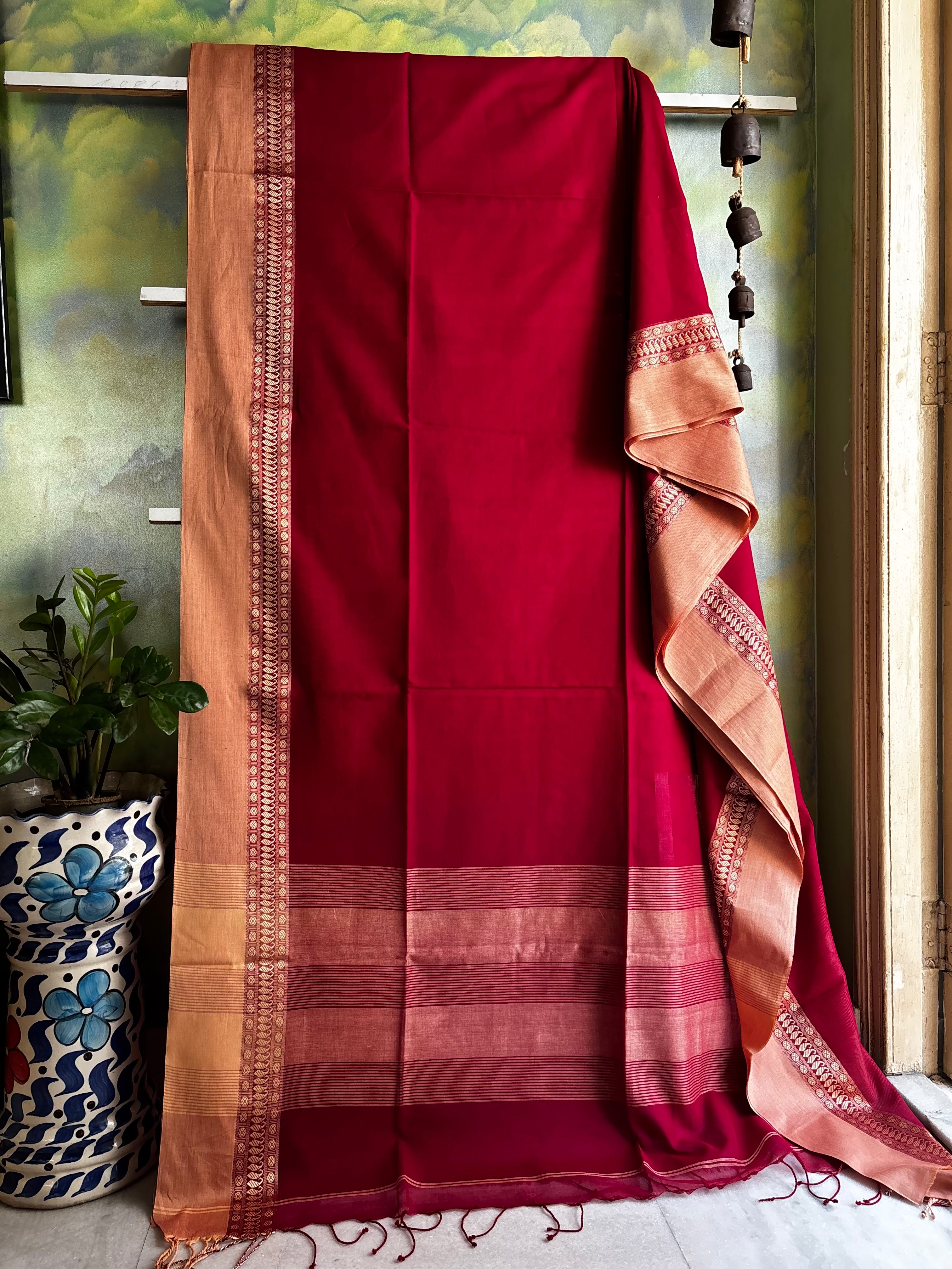 Handwoven Dark Red Colour Phulia Cotton Saree