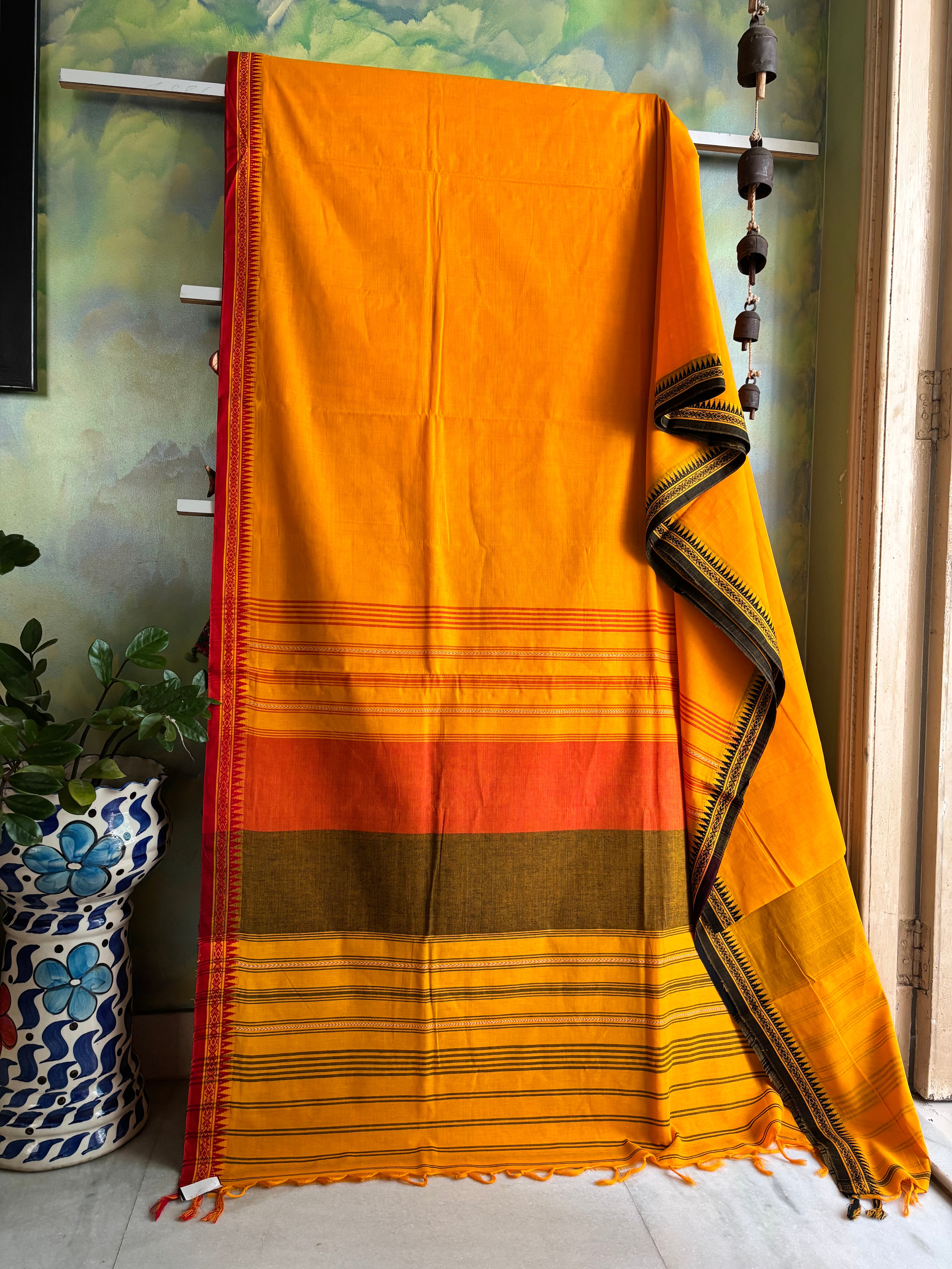 Handwoven Yellow Red/Black Ganga Yamuna Begampuri Cotton