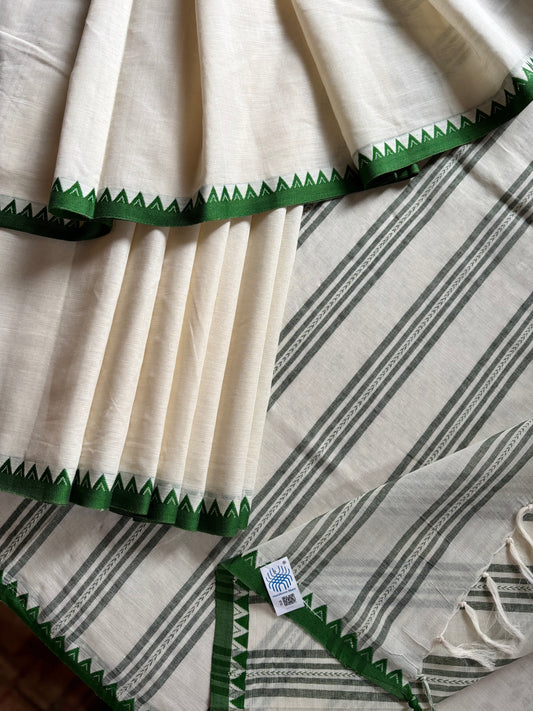 Handwoven Offwhite Green Begampuri Cotton Saree