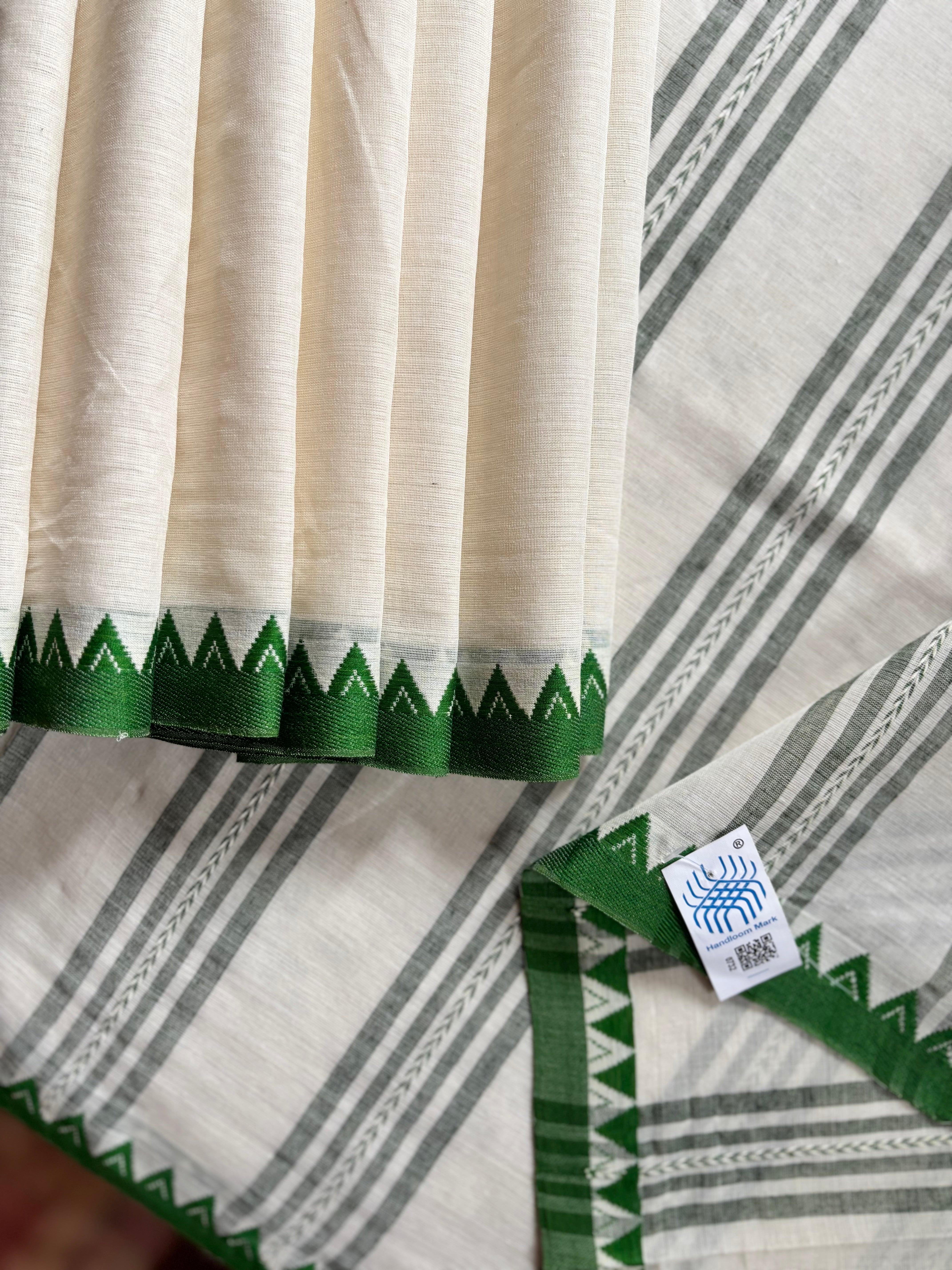 Handwoven Offwhite Green Begampuri Cotton Saree