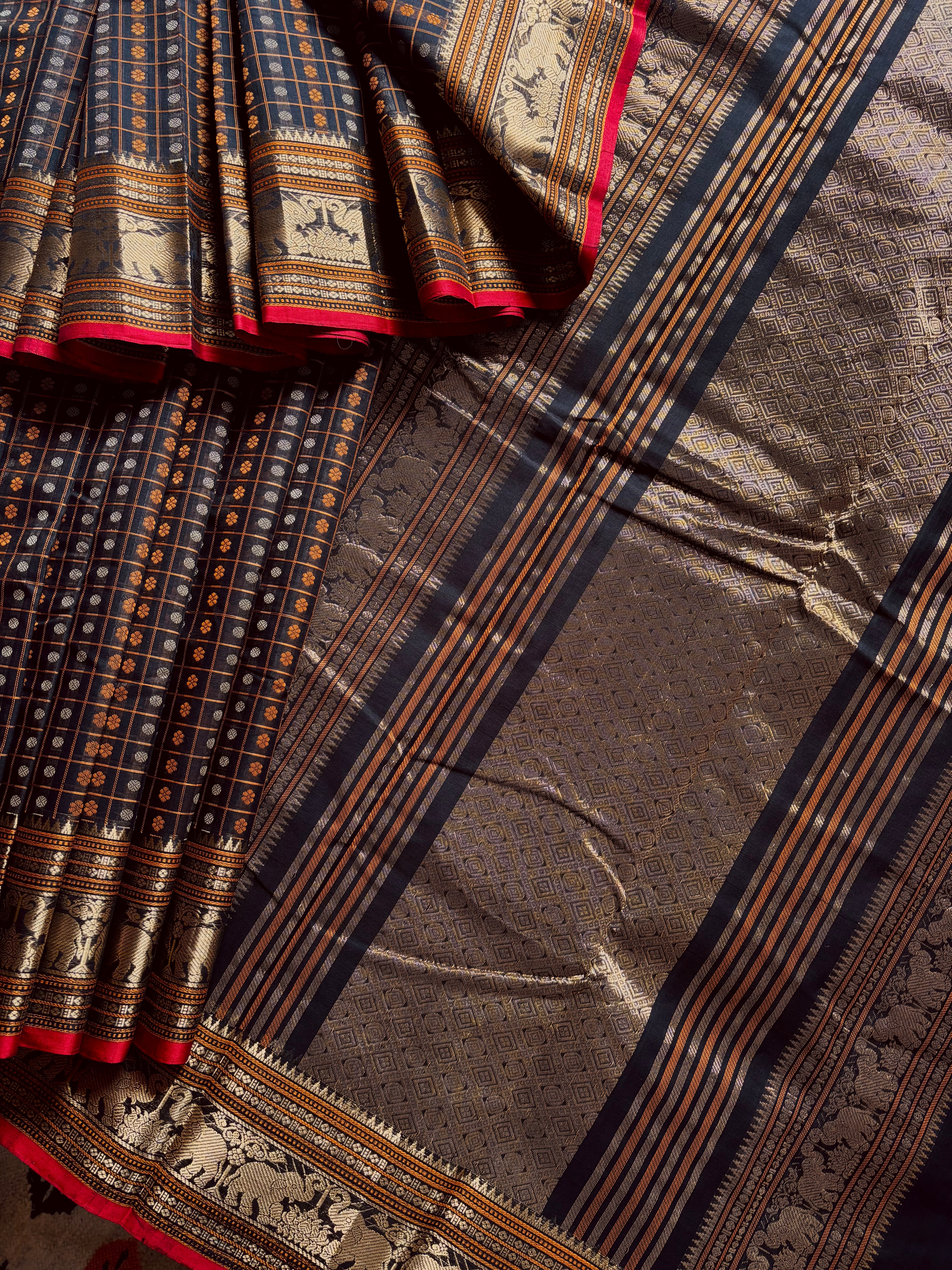 Handwoven Black Colour Kanchipuram Cotton Aayirum Butta Saree