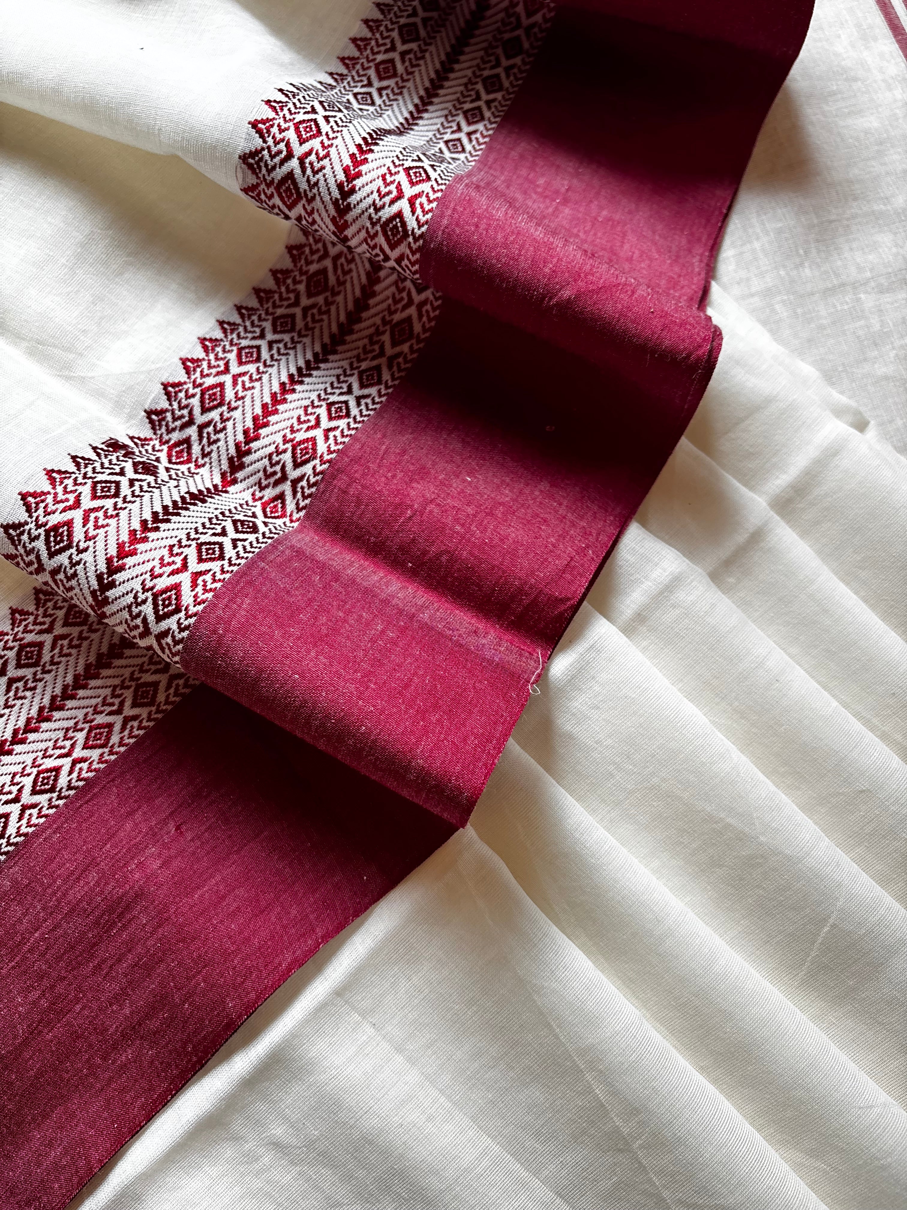 Handwoven White Maroon Phulia Cotton Saree
