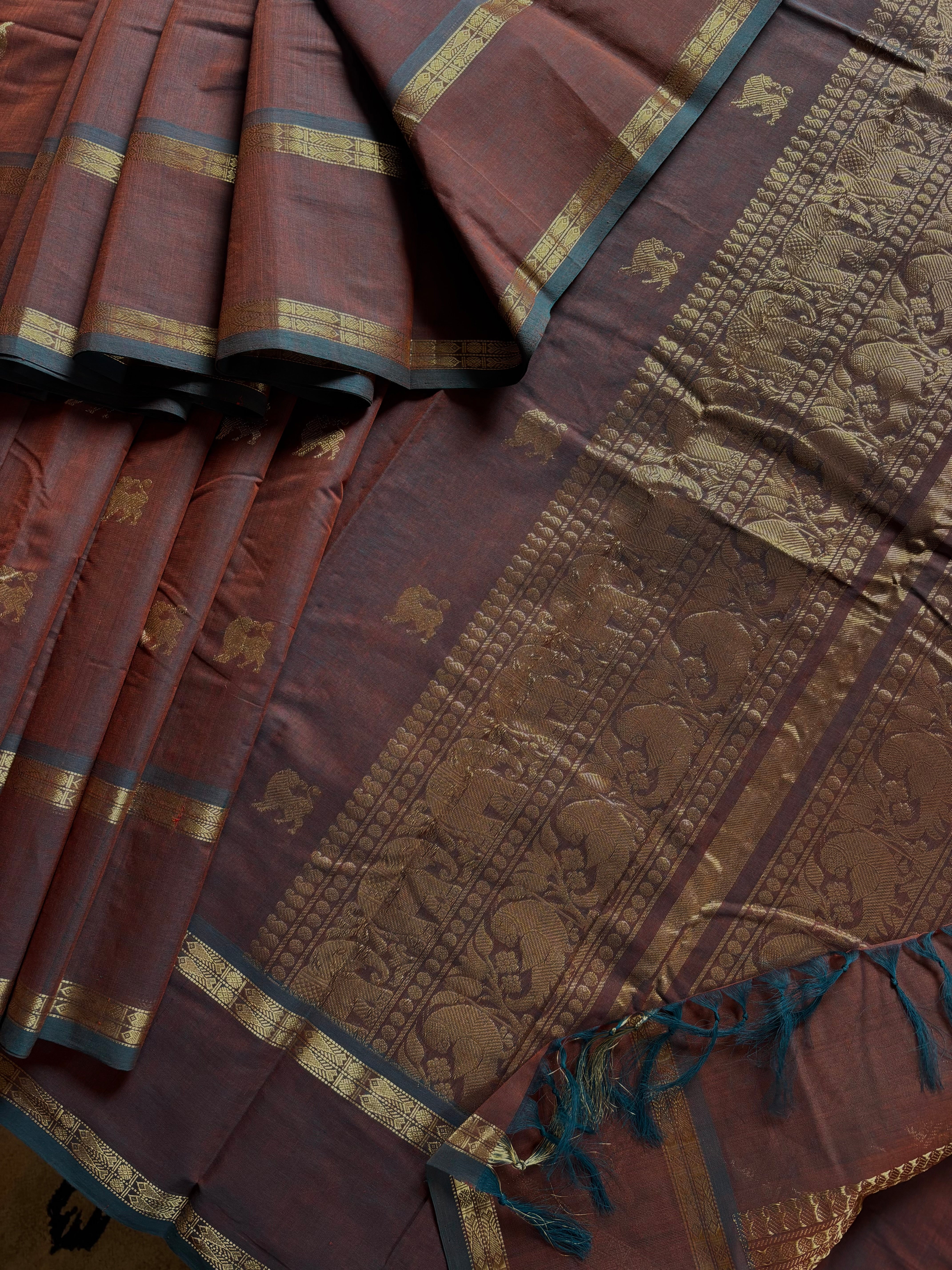 Handwoven Blue Brown Dual Toned Cotton Kanchipuram Saree