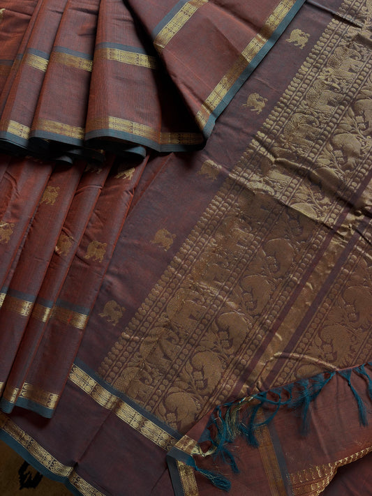 Handwoven Blue Brown Dual Toned Cotton Kanchipuram Saree