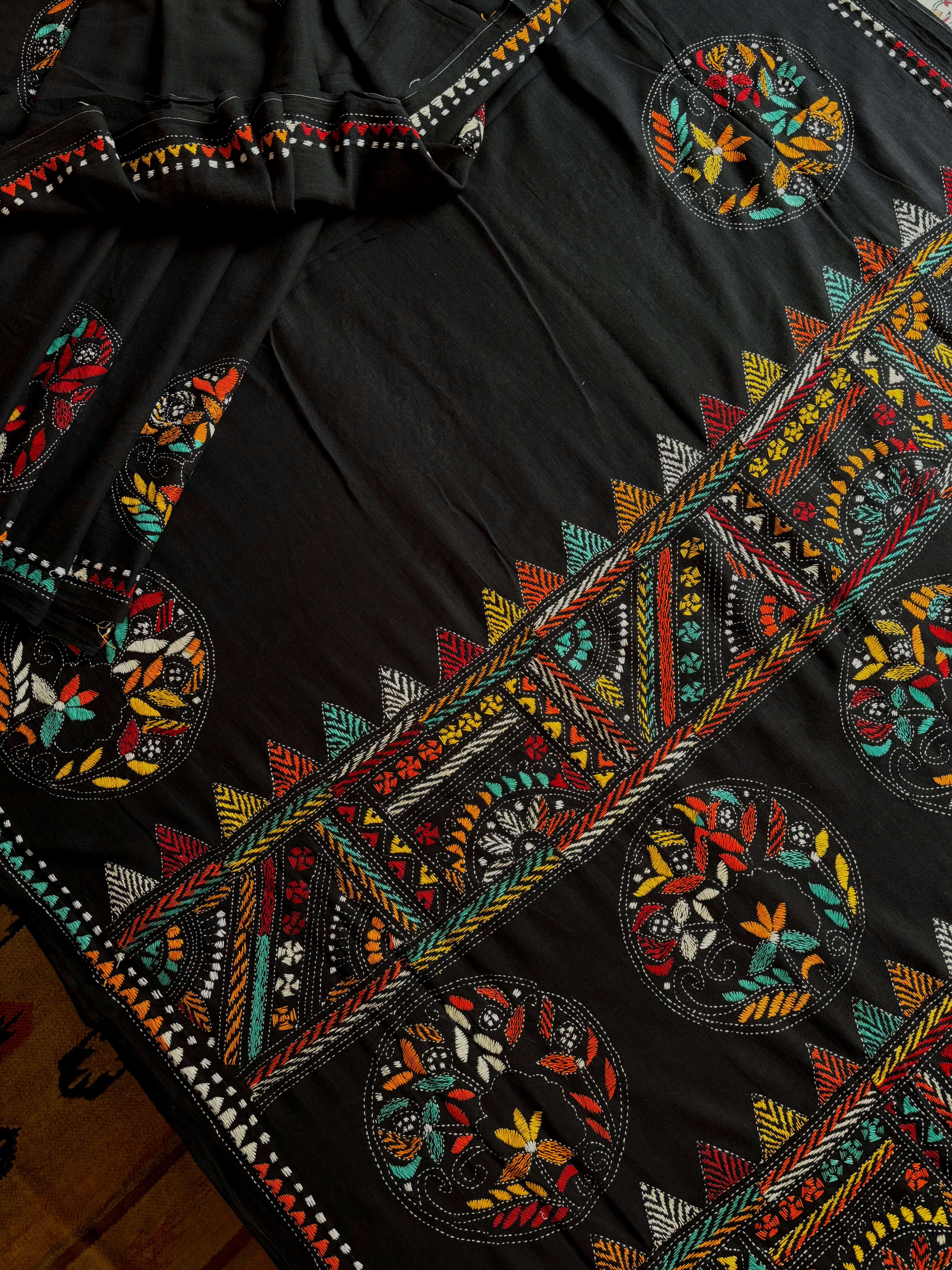 Handmade Black Colour Cotton Kantha Saree
