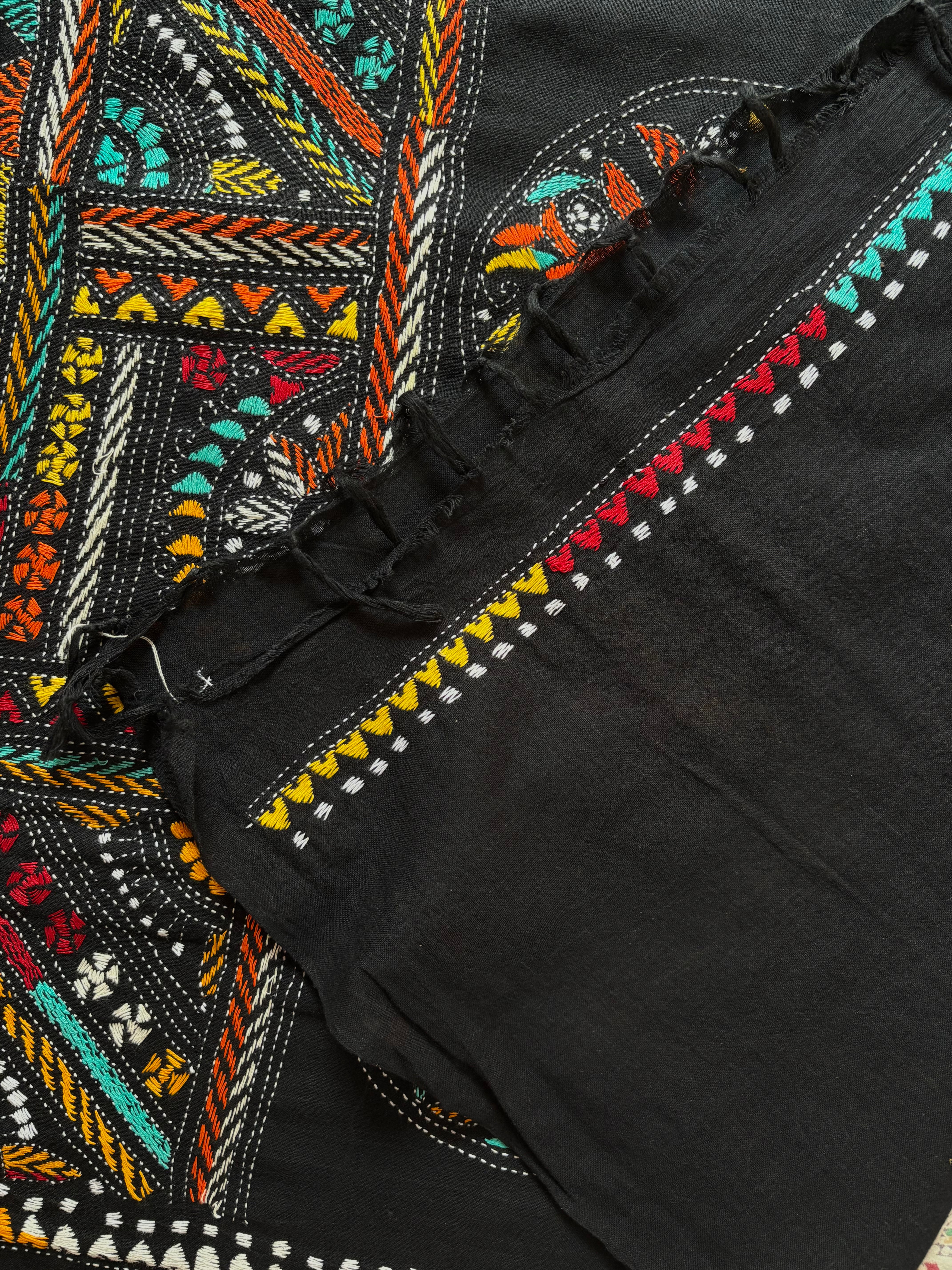 Handmade Black Colour Cotton Kantha Saree