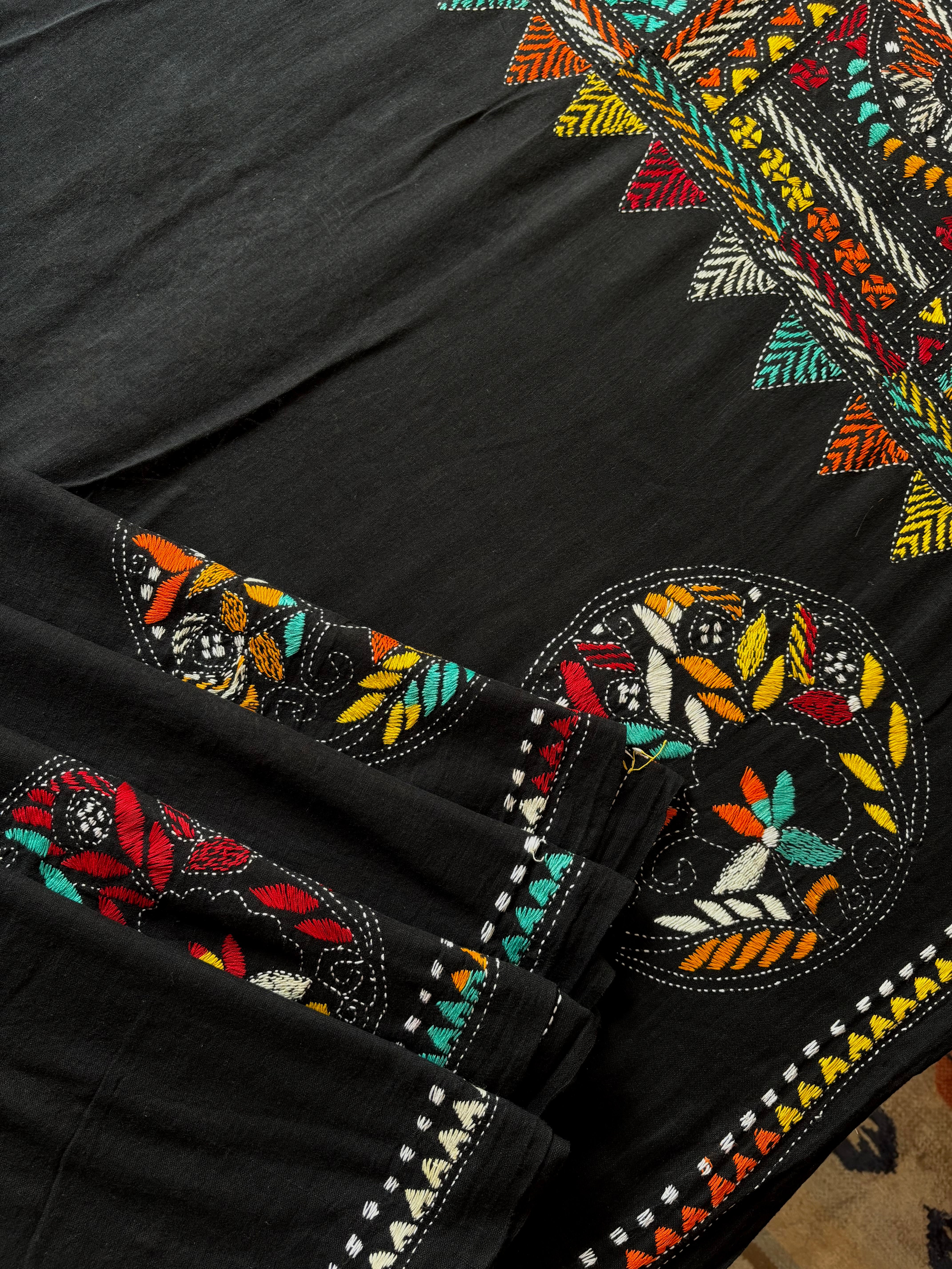 Handmade Black Colour Cotton Kantha Saree