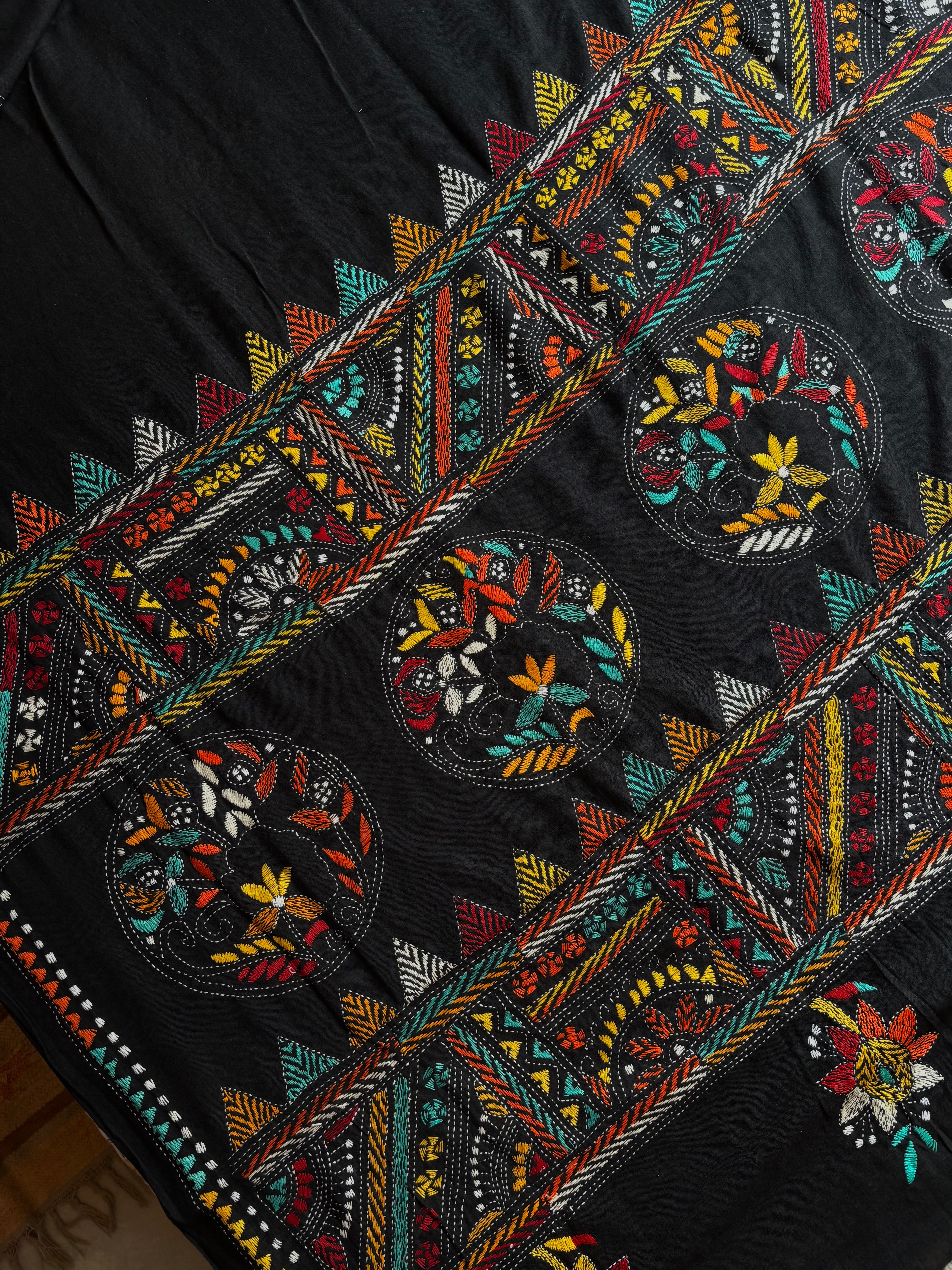 Handmade Black Colour Cotton Kantha Saree