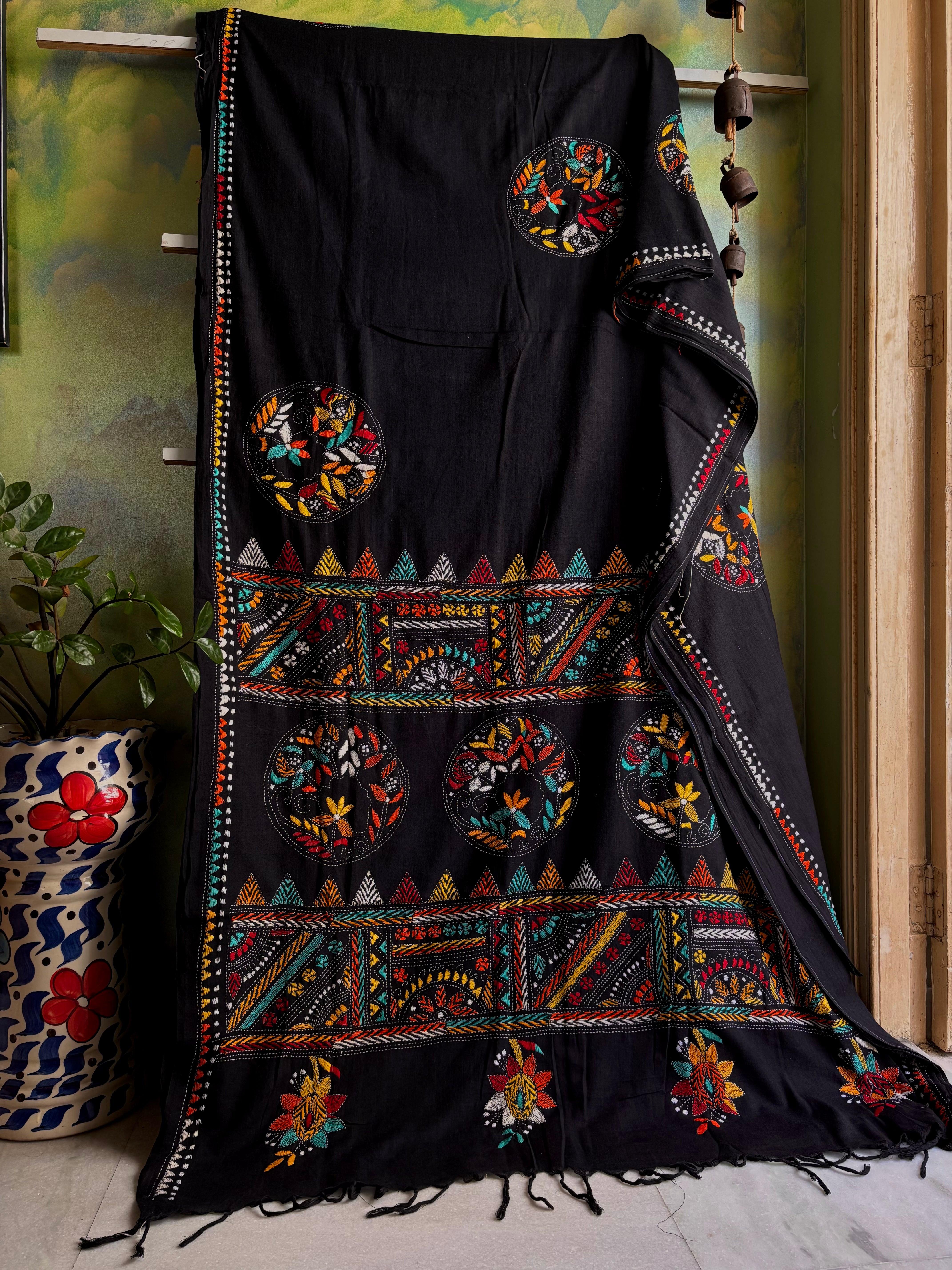 Handmade Black Colour Cotton Kantha Saree
