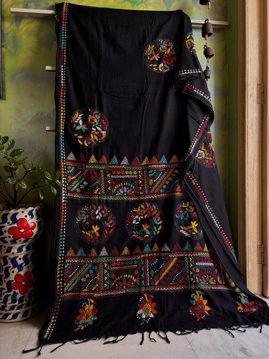 Handmade Black Colour Cotton Kantha Saree