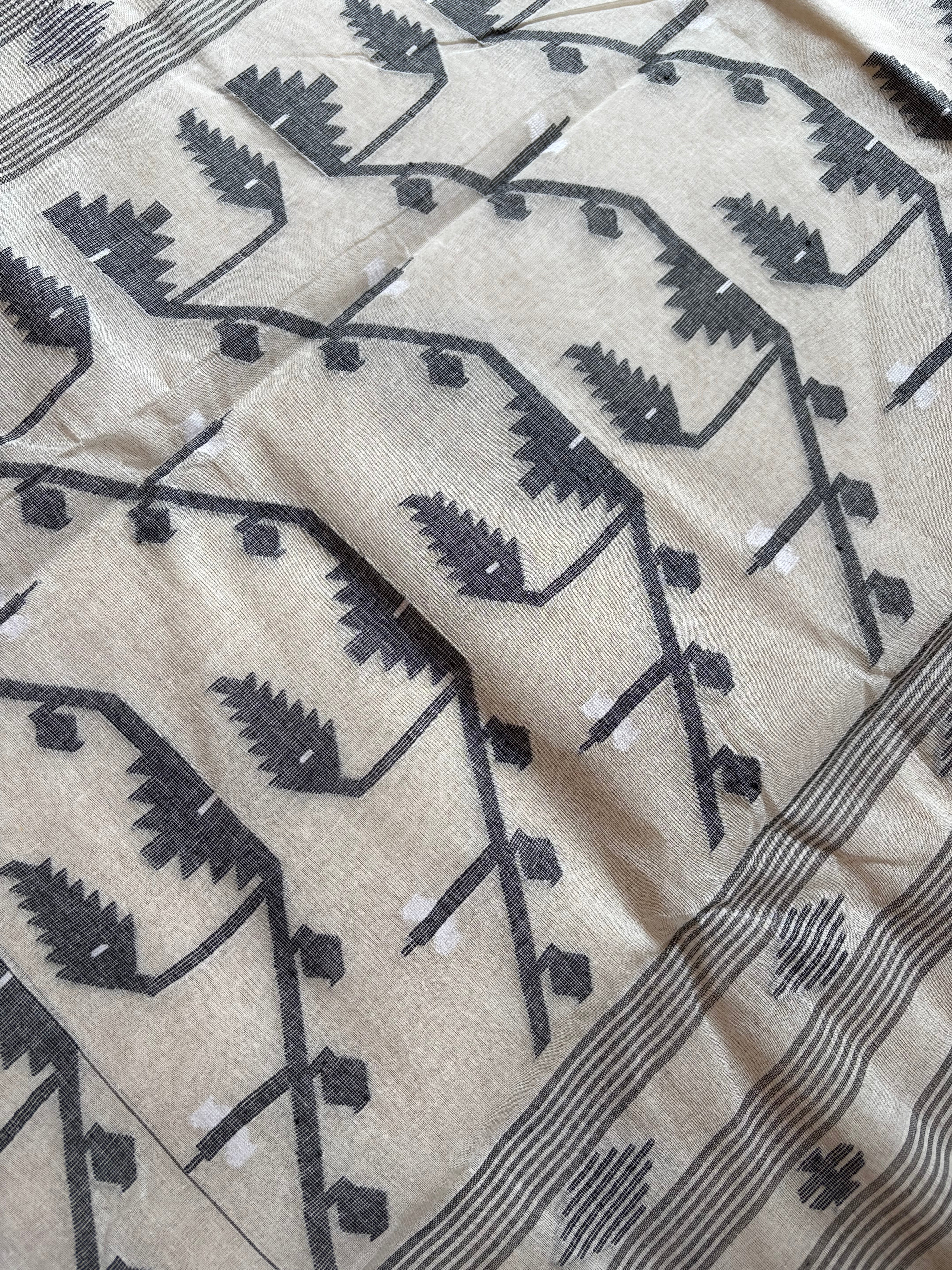 Handwoven White Black Cotton Jamdani Saree
