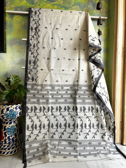 Handwoven White Black Cotton Jamdani Saree