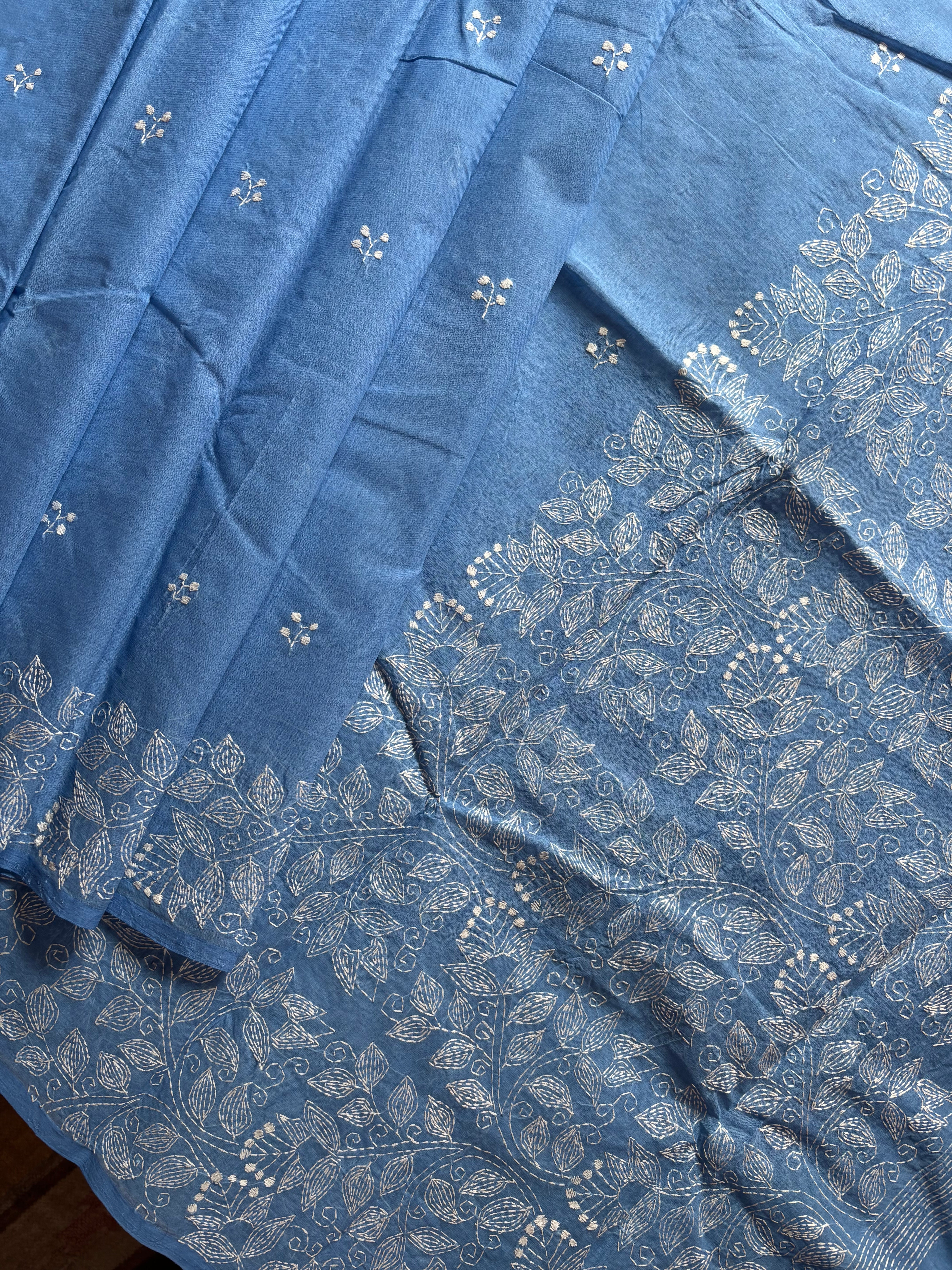 Handmade Sky Blue Colour Cotton Kantha Saree