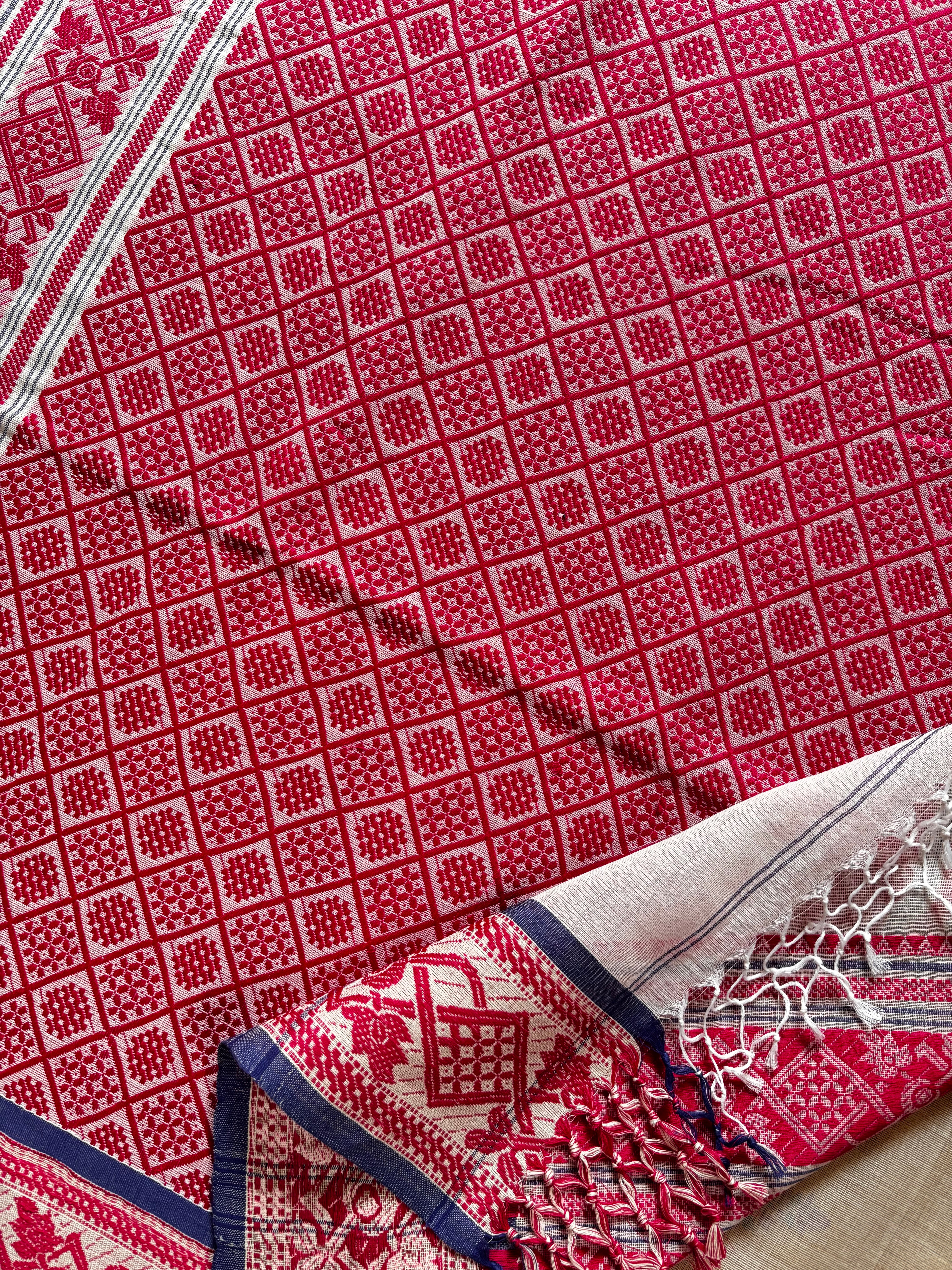 Handwoven White Pink Phulia Cotton Saree