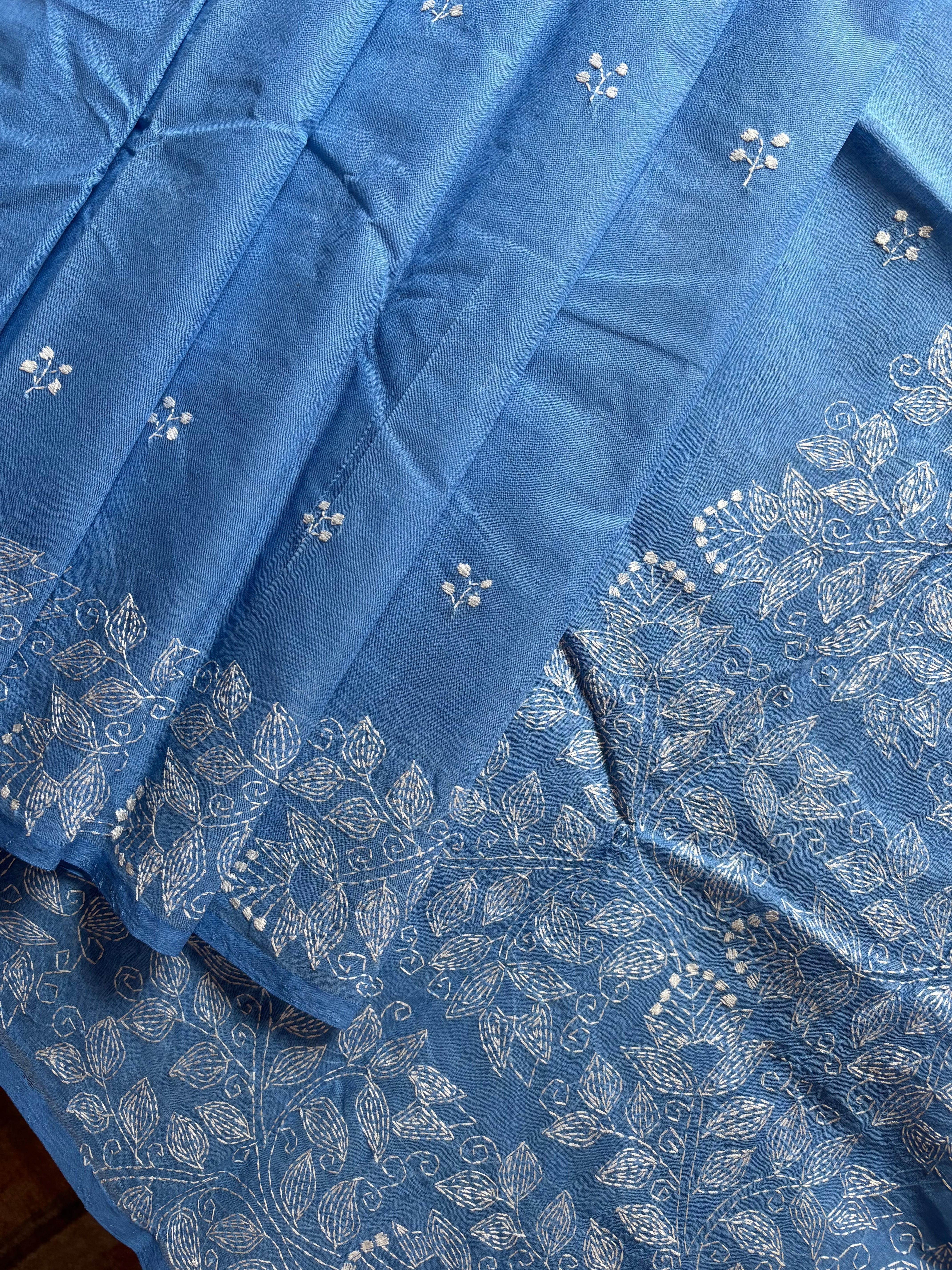 Handmade Sky Blue Colour Cotton Kantha Saree