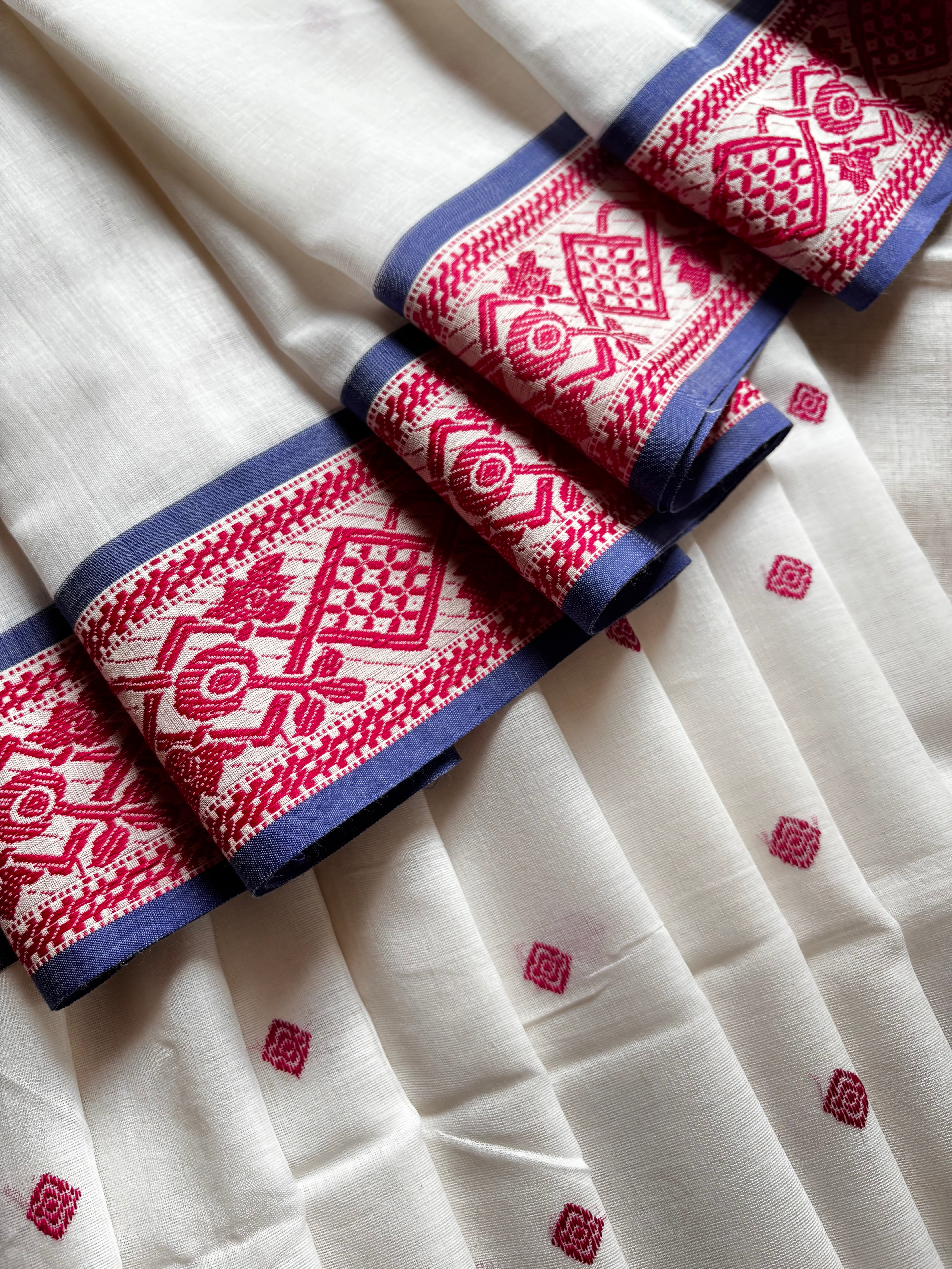 Handwoven White Pink Phulia Cotton Saree