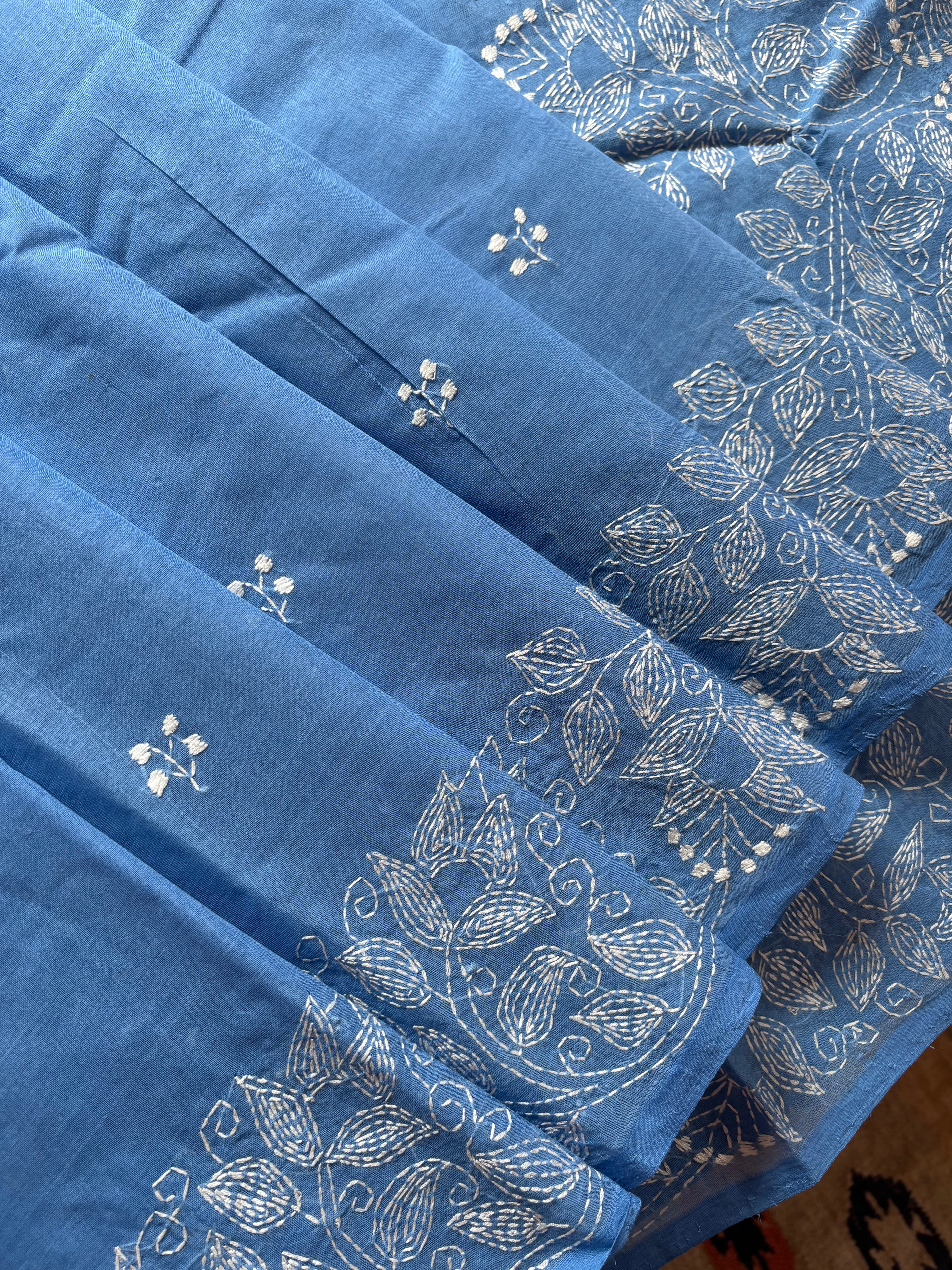 Handmade Sky Blue Colour Cotton Kantha Saree