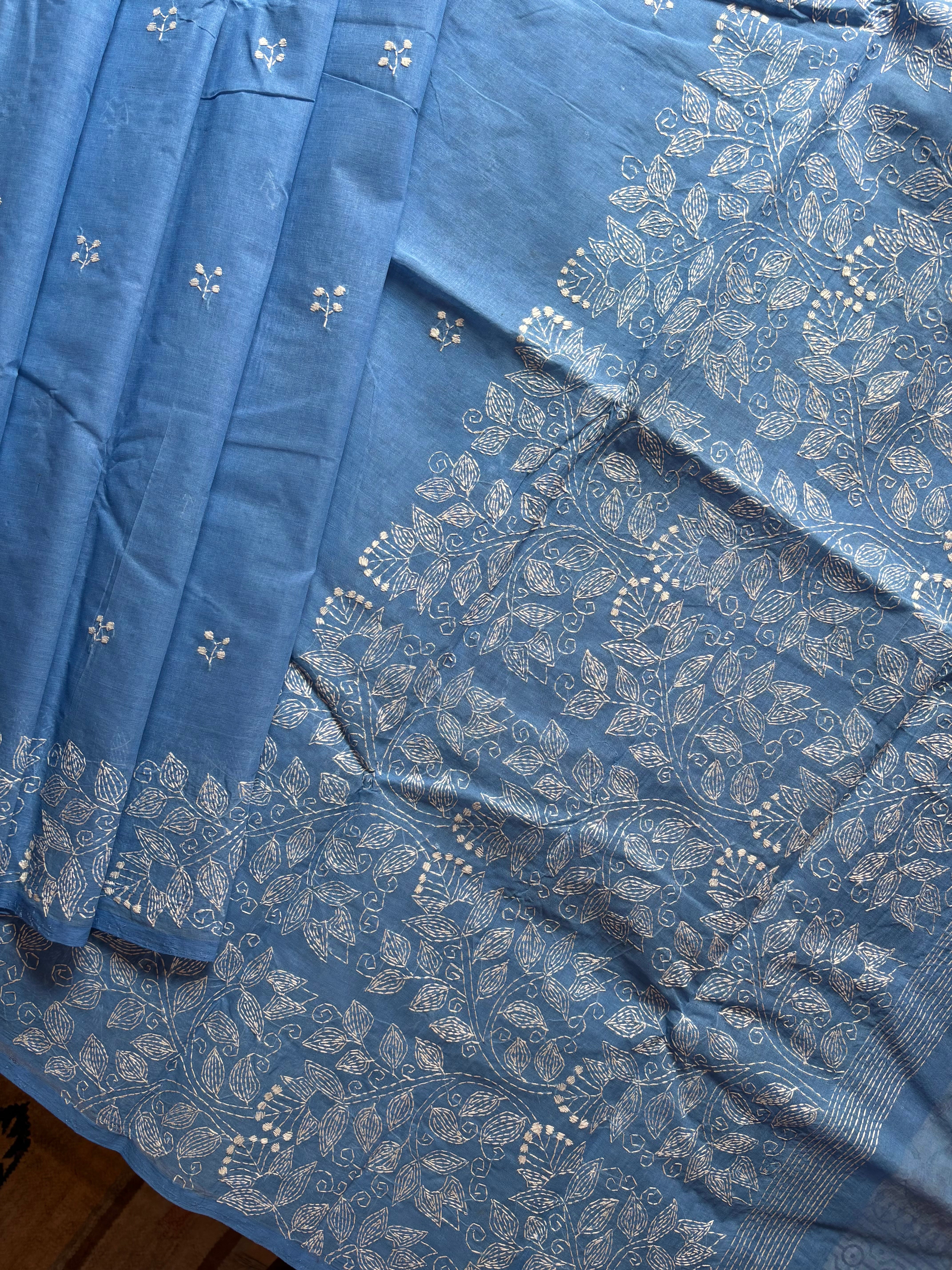 Handmade Sky Blue Colour Cotton Kantha Saree