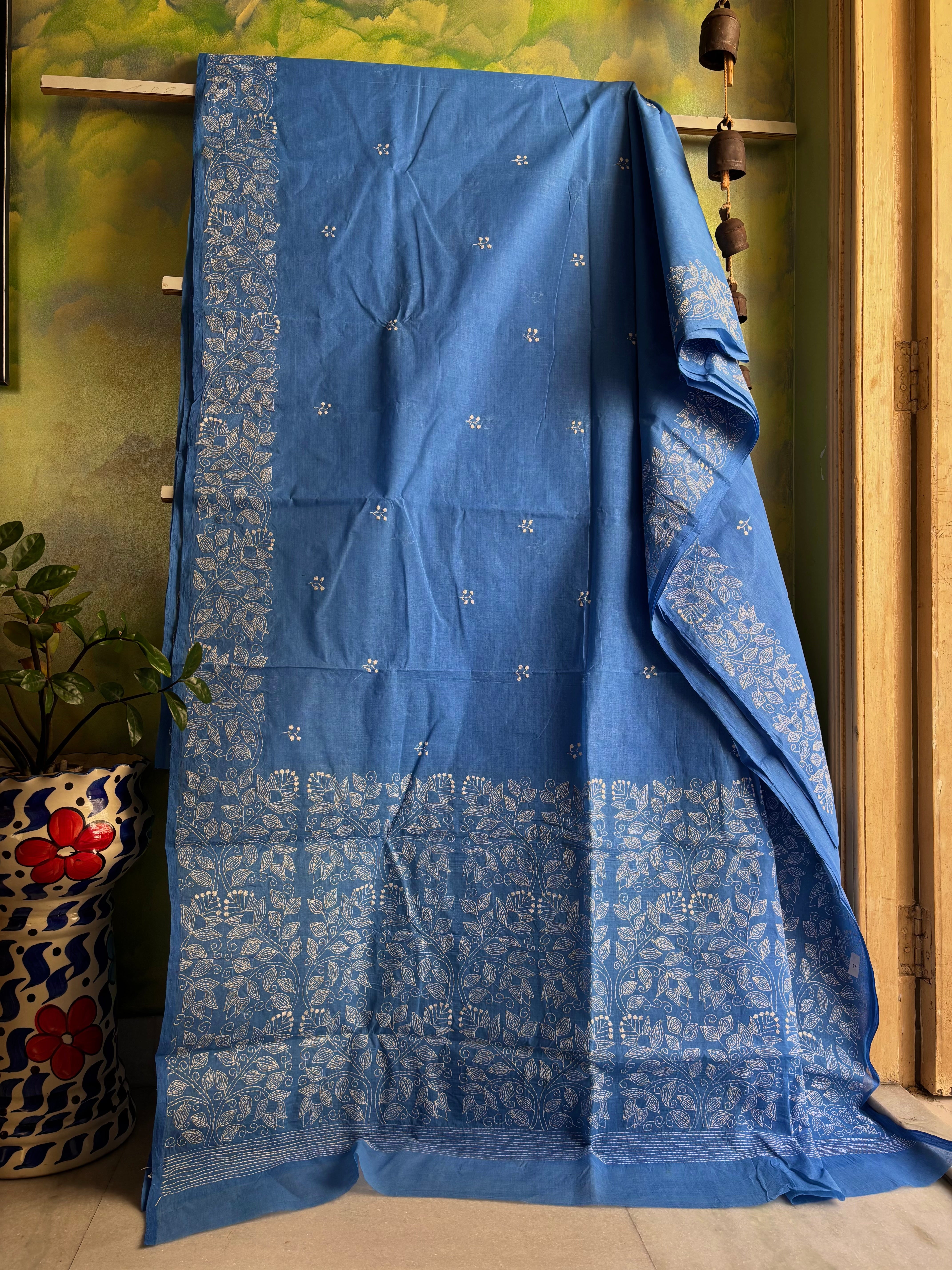 Handmade Sky Blue Colour Cotton Kantha Saree