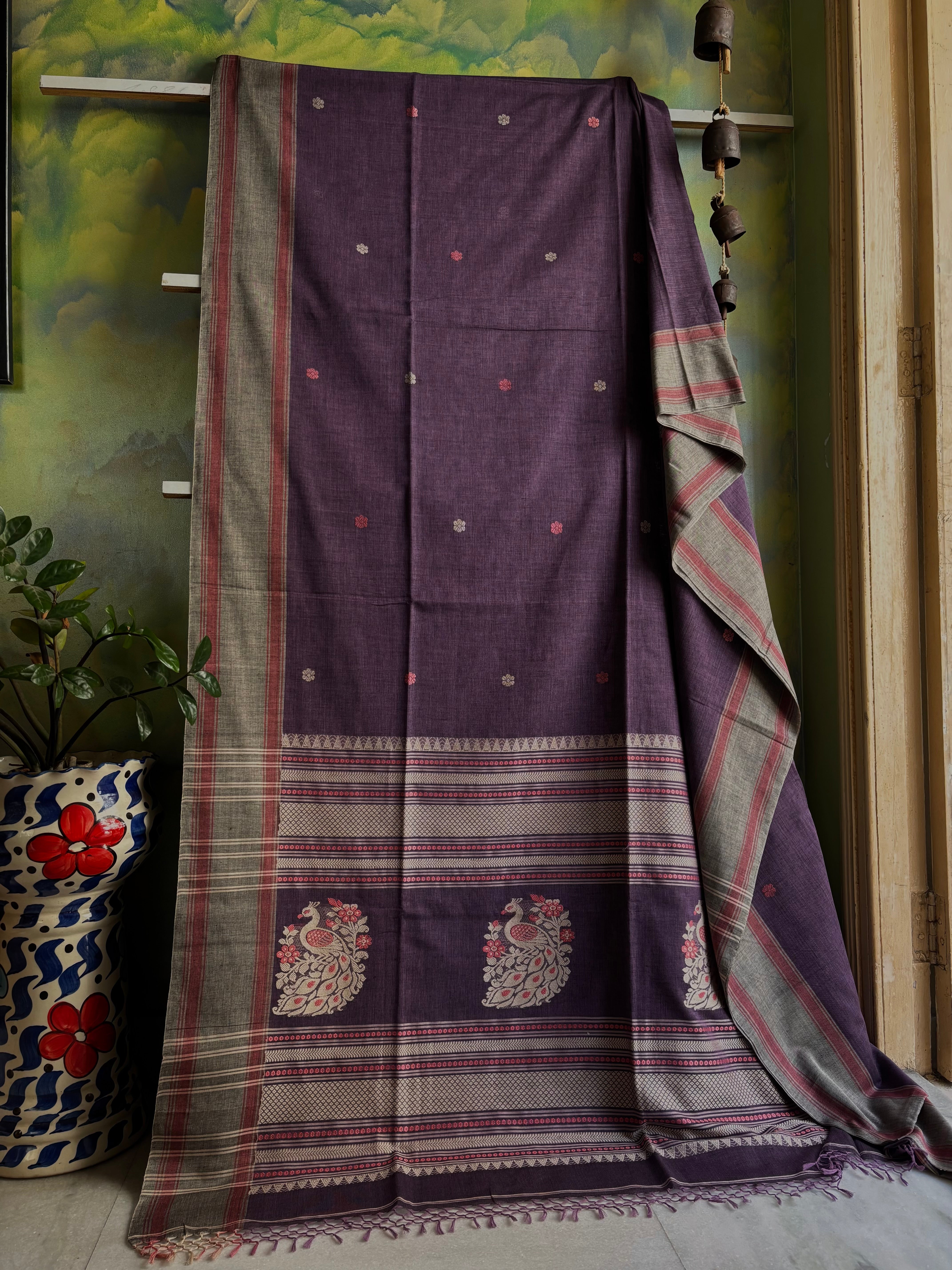 Handwoven Dusty Mauve Phulia Cotton Saree