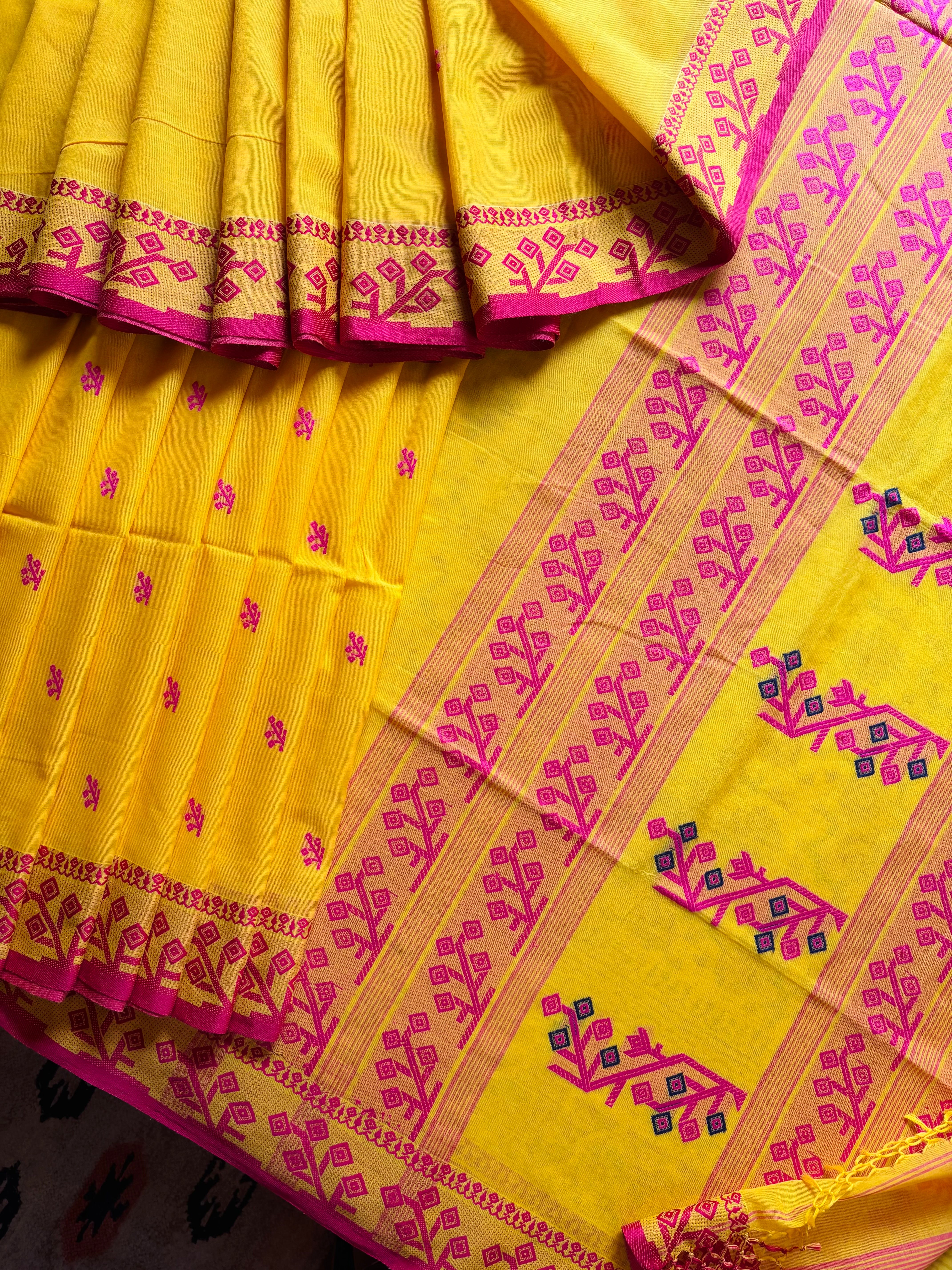 Handwoven Yellow Rani Phulia Cotton Saree