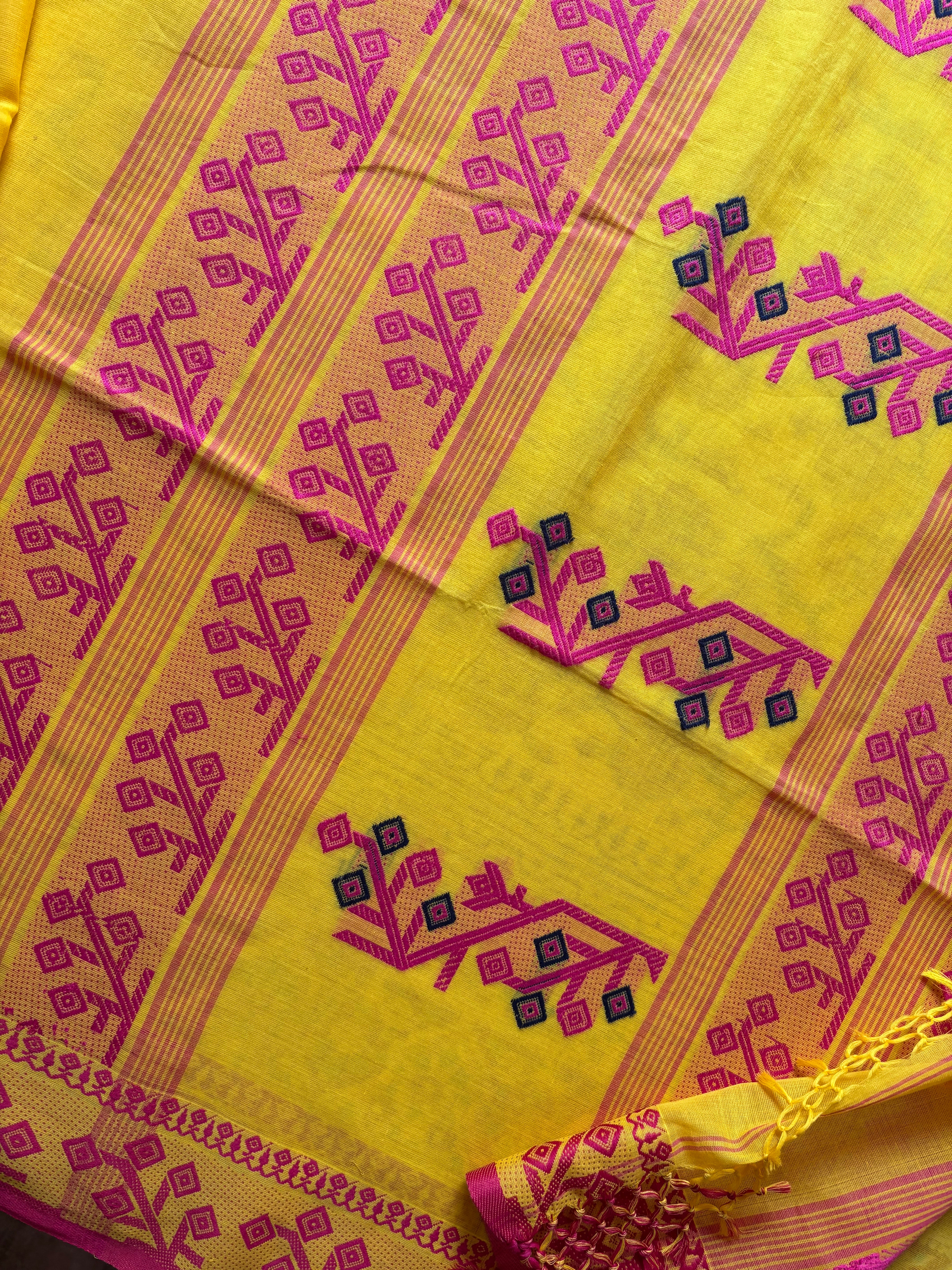 Handwoven Yellow Rani Phulia Cotton Saree