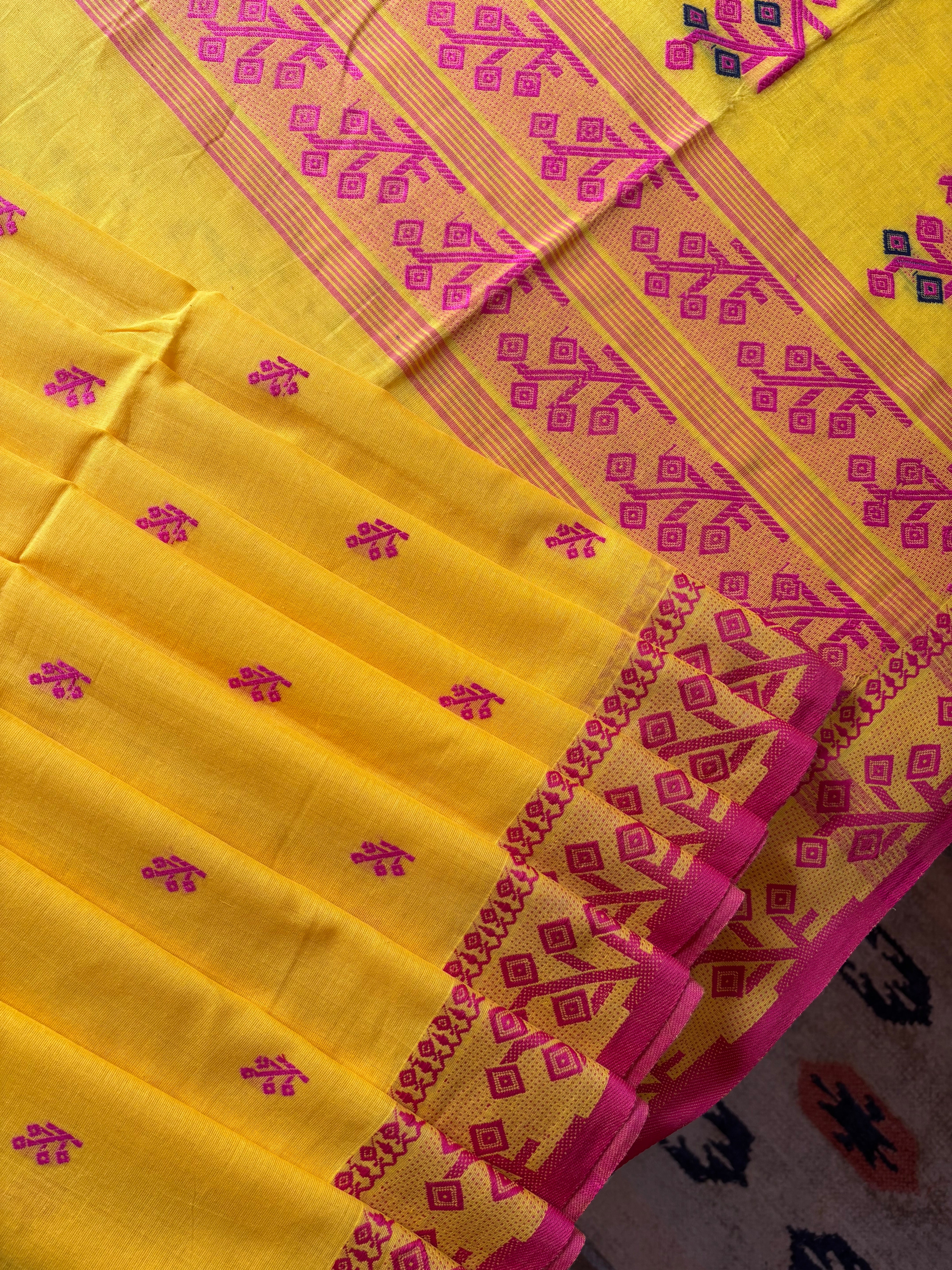 Handwoven Yellow Rani Phulia Cotton Saree