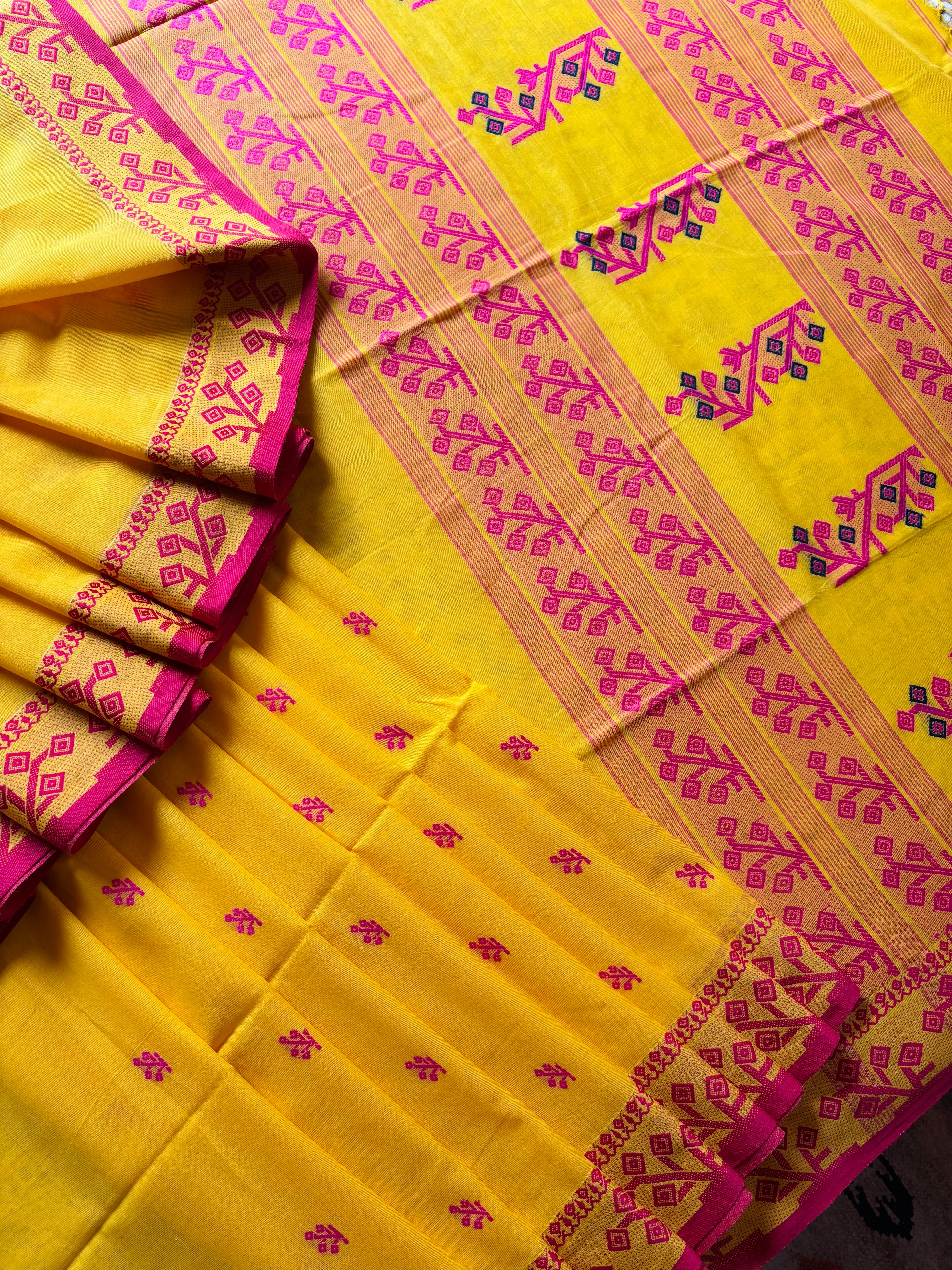 Handwoven Yellow Rani Phulia Cotton Saree