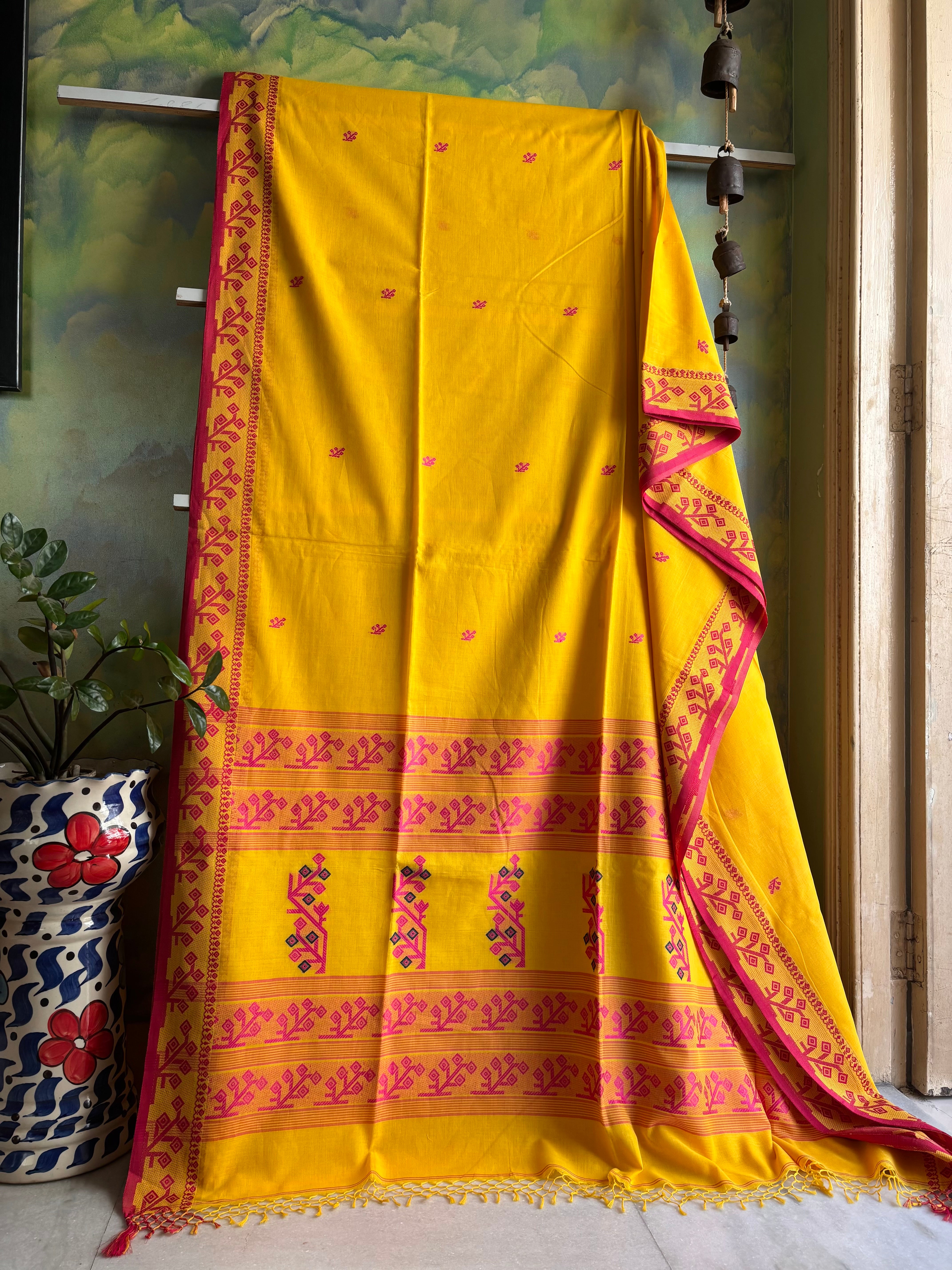 Handwoven Yellow Rani Phulia Cotton Saree