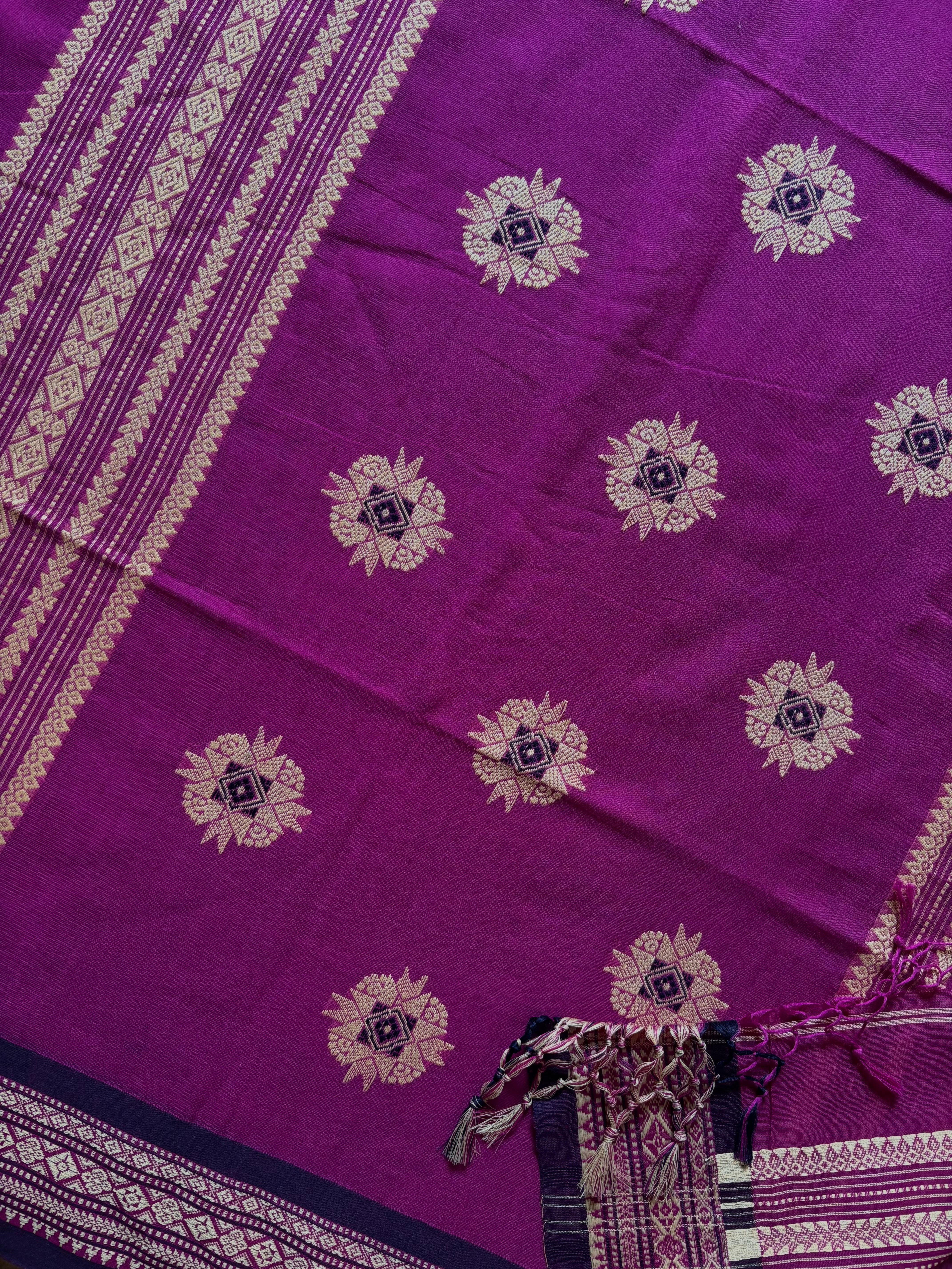 Handwoven Magenta Navy Phulia Cotton Saree