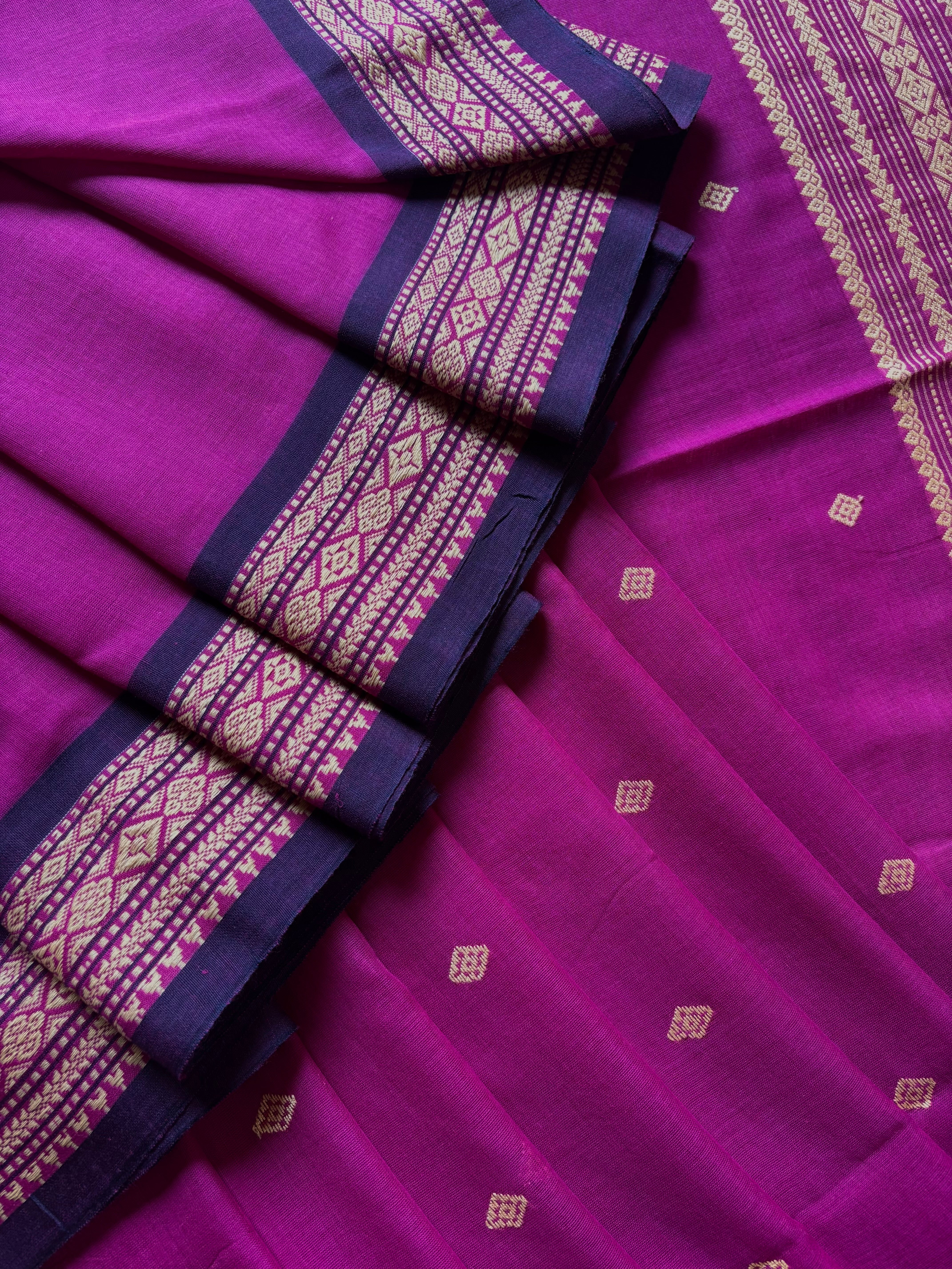 Handwoven Magenta Navy Phulia Cotton Saree